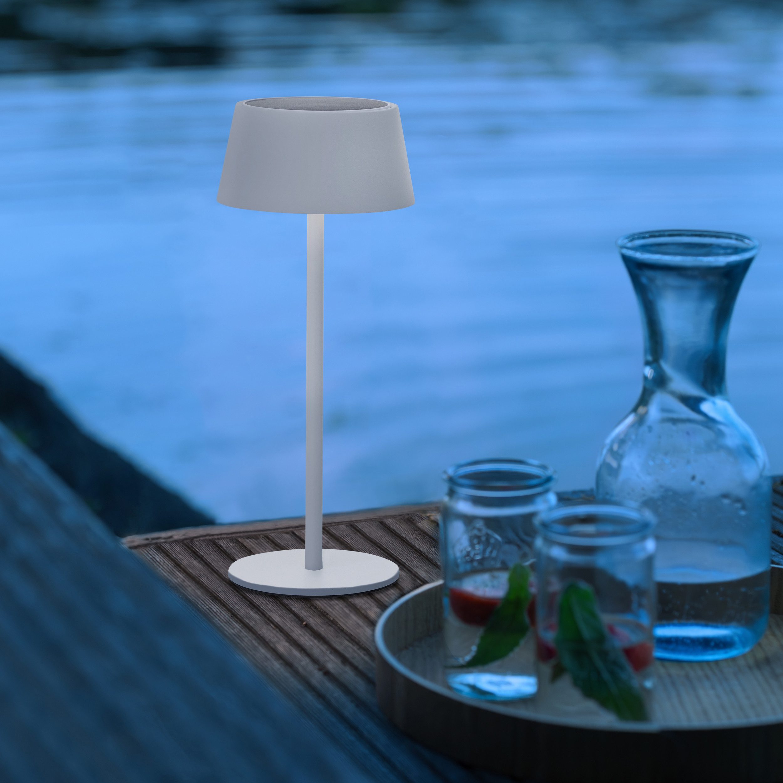 Brilliant Leuchten Led-tafellamp voor buiten Picco Solar en oplaadbaar via USB, 30 cm, 300 lm, 3000 K, IP44, metaal, wit