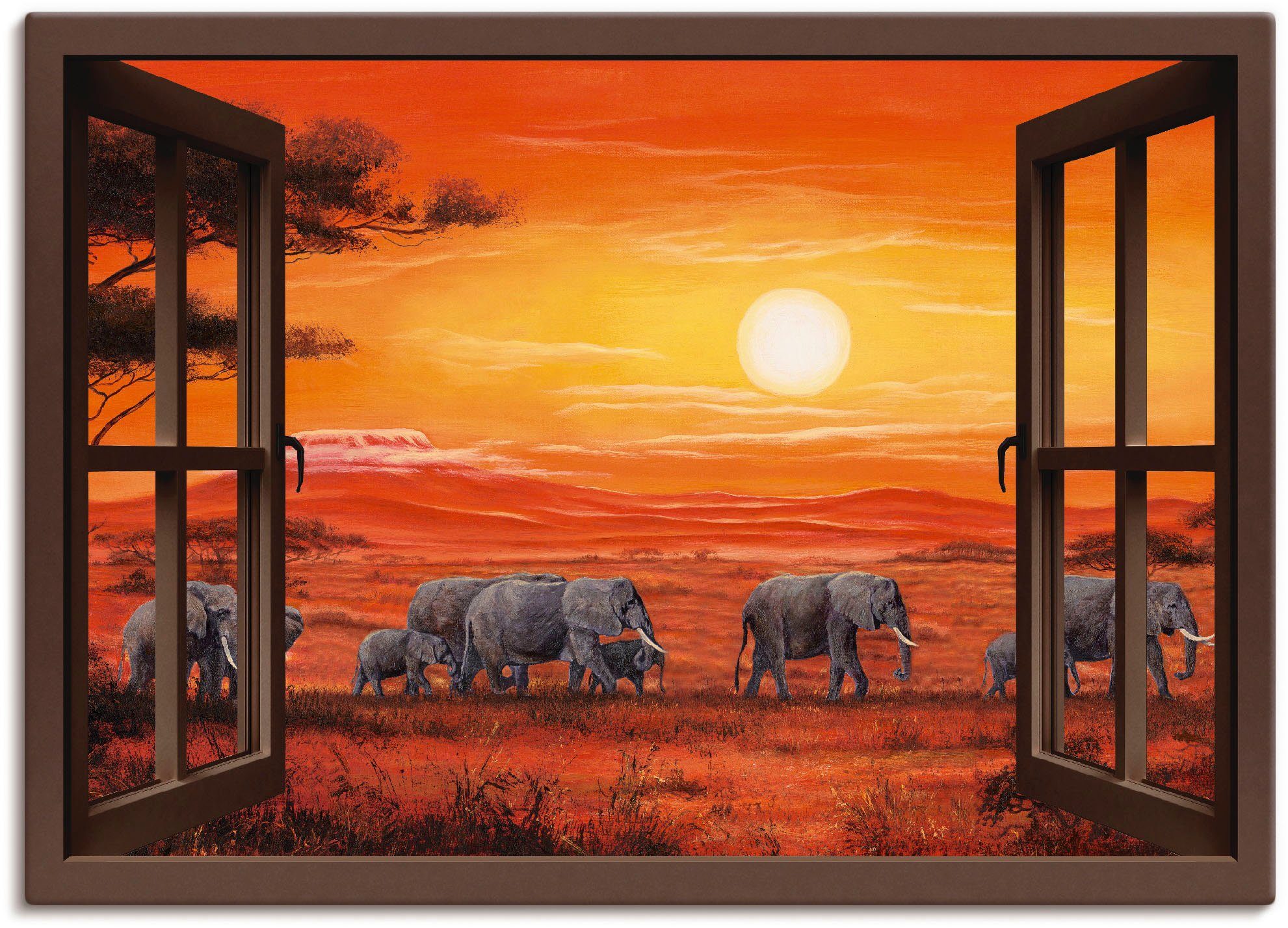 Artland Artprint Blik uit het venster - olifantenkudde in vele afmetingen & productsoorten -artprint op linnen, poster, muursticker / wandfolie ook geschikt voor de badkamer (1 stu
