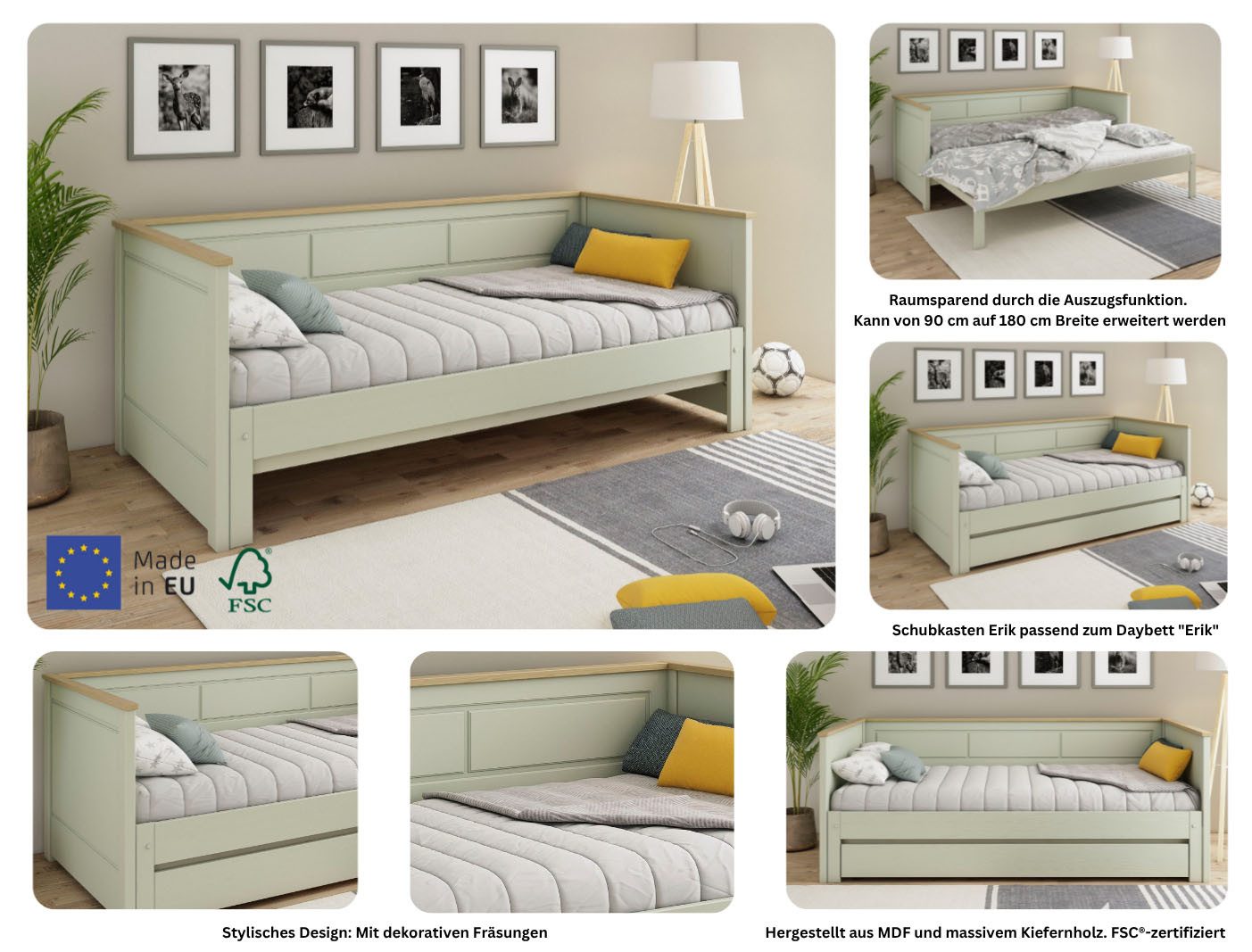 Lüttenhütt Functioneel ledikant ERIK TOPSELLER! Dagbed, Gastbed, Kinderbed, Massief hout (Vuren) 2. slaapplaats uitschuifbaar, moderne landhuisstijl, lade optioneel