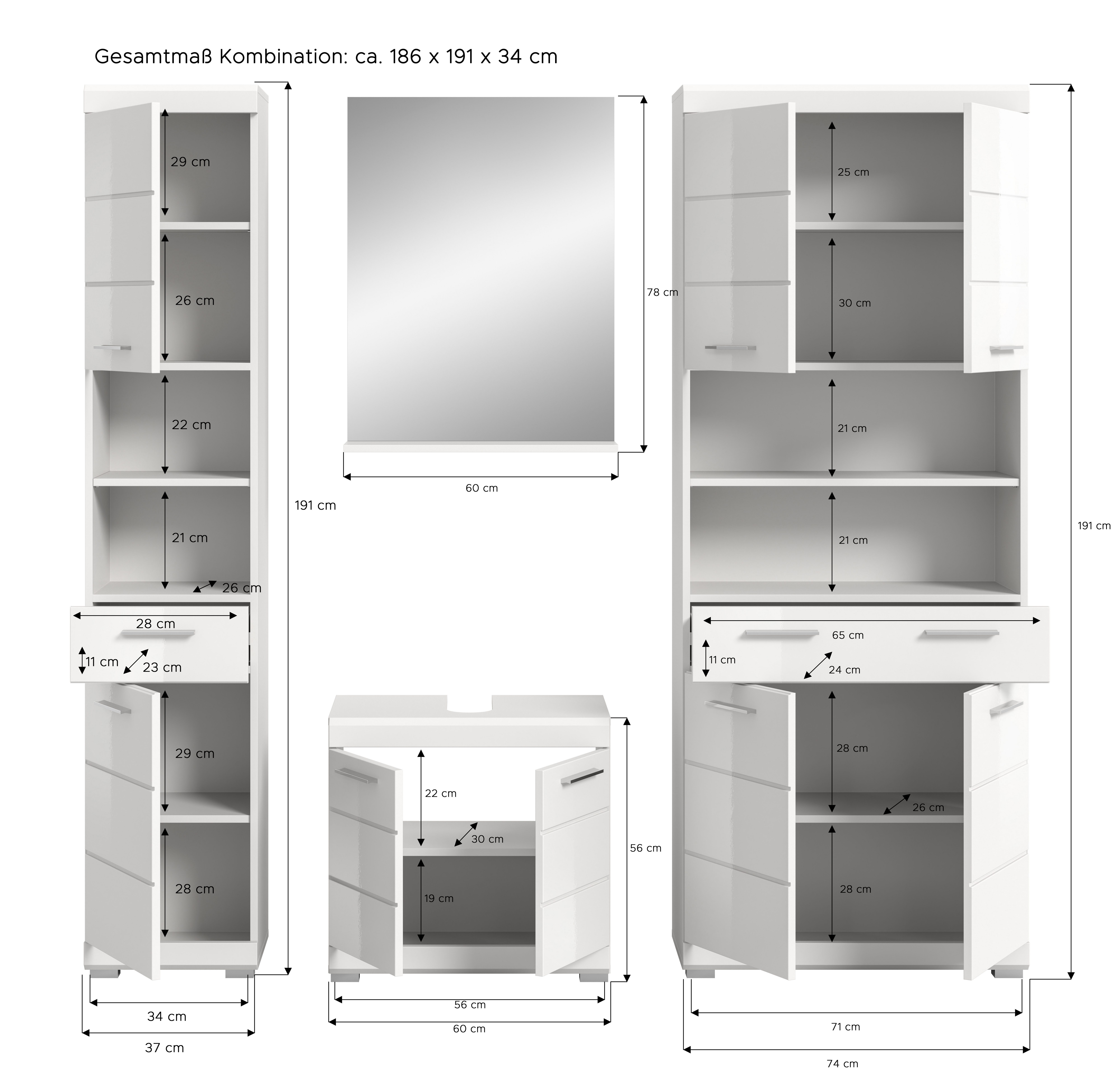 INOSIGN Badkamerserie Siena, 4-delig, bestaande uit: Hoge kast, wastafelonderkast, badkamer spiegel, brede hoge kast (set, 4-delig)