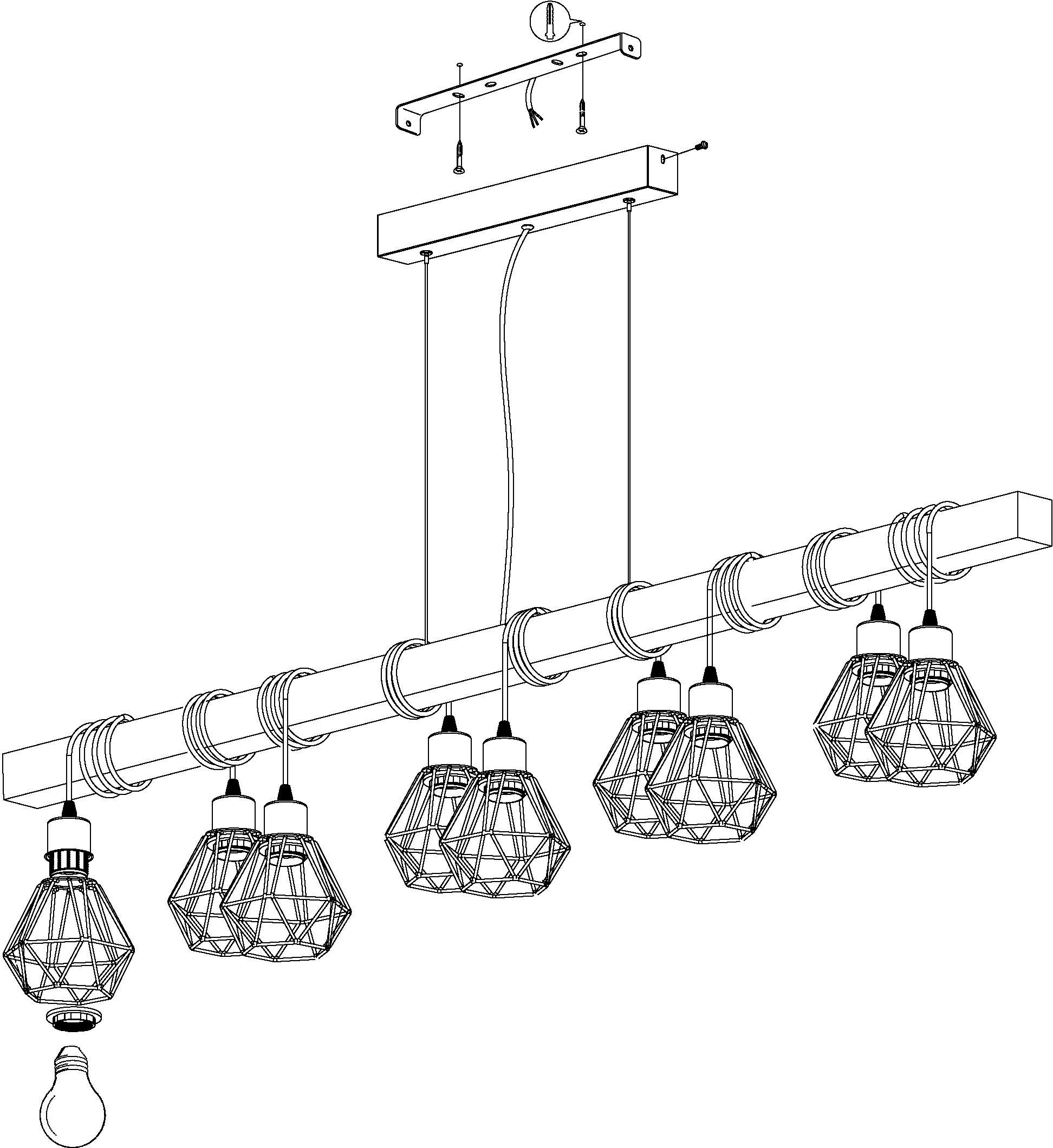 EGLO Hanglamp TOWNSHEND 5 zwart / l150 x h110 x b20 cm / van hout en metaal / retro / vintage