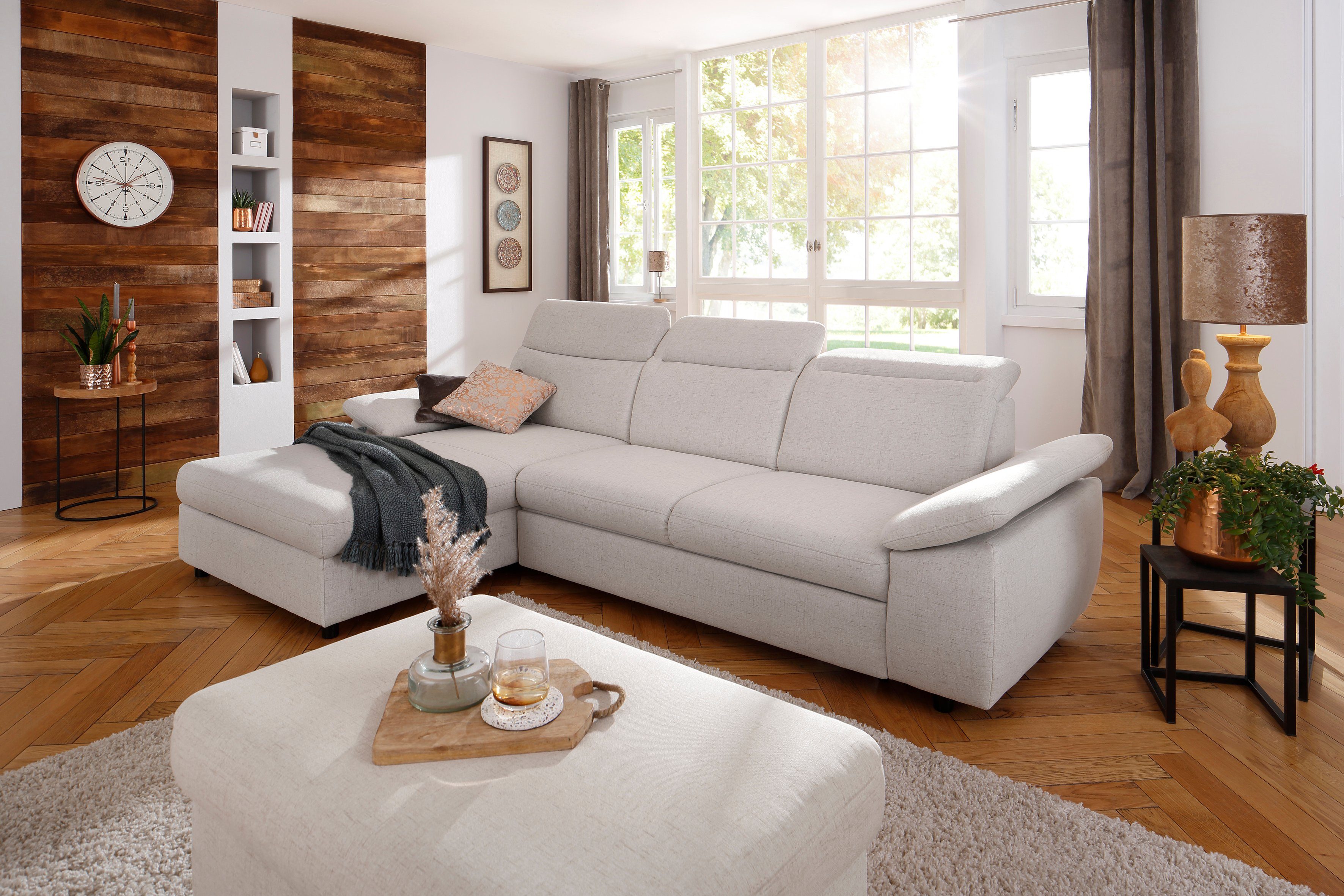 Home affaire Hoekbank Mauritius L-vorm met verstelbare armleuningen en hoofdbord, met slaapfunctie en bedkist beige, hoekbanken, 287 cm