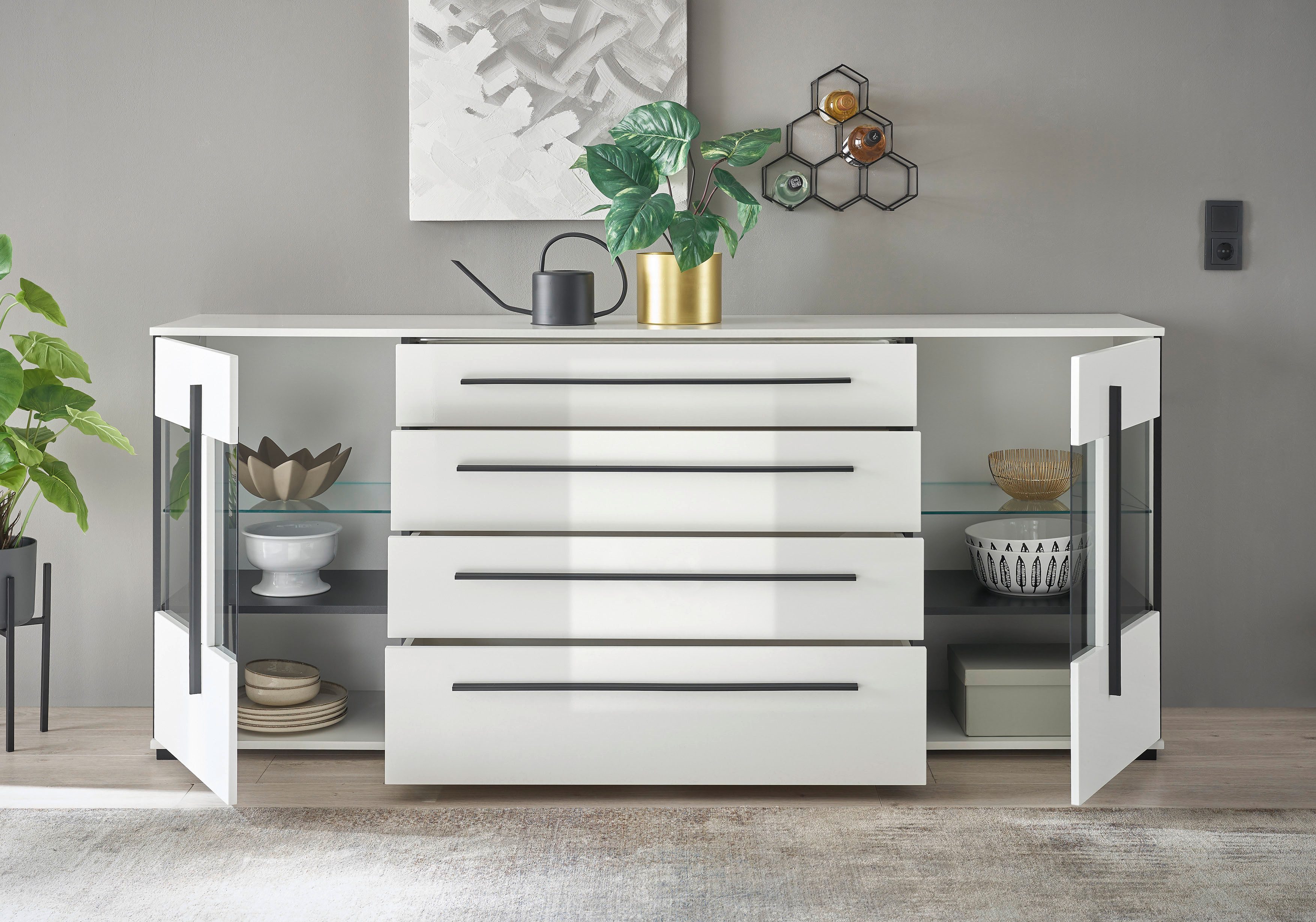 INOSIGN Dressoir Cantara, moderne kast, commode in Eiken Evoke of wit zwarte stanggreep, voldoende opbergruimte, veelzijdig inzetbaar