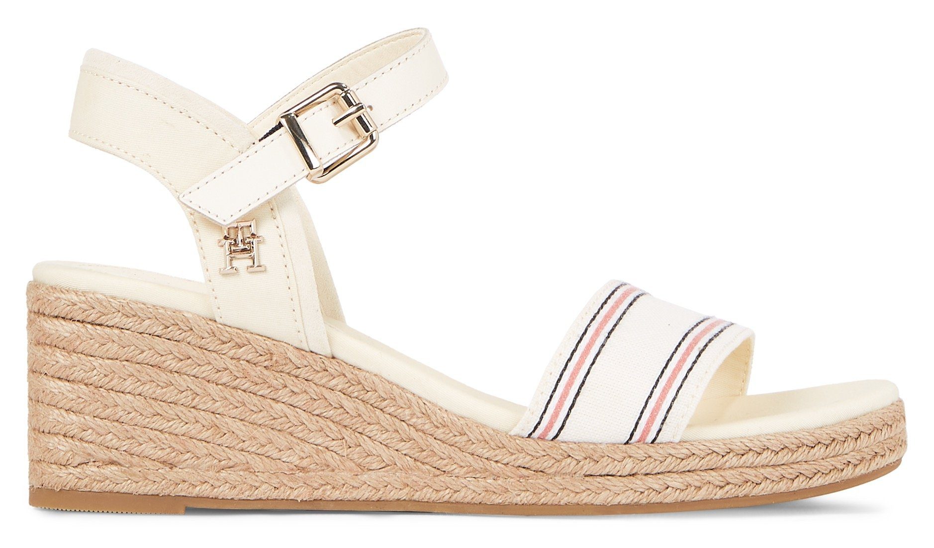 Tommy Hilfiger Sleehaksandaaltjes SHIRTING WEDGE SANDAL zomerschoen, sandaal, sleehak, met verstelbare gesp