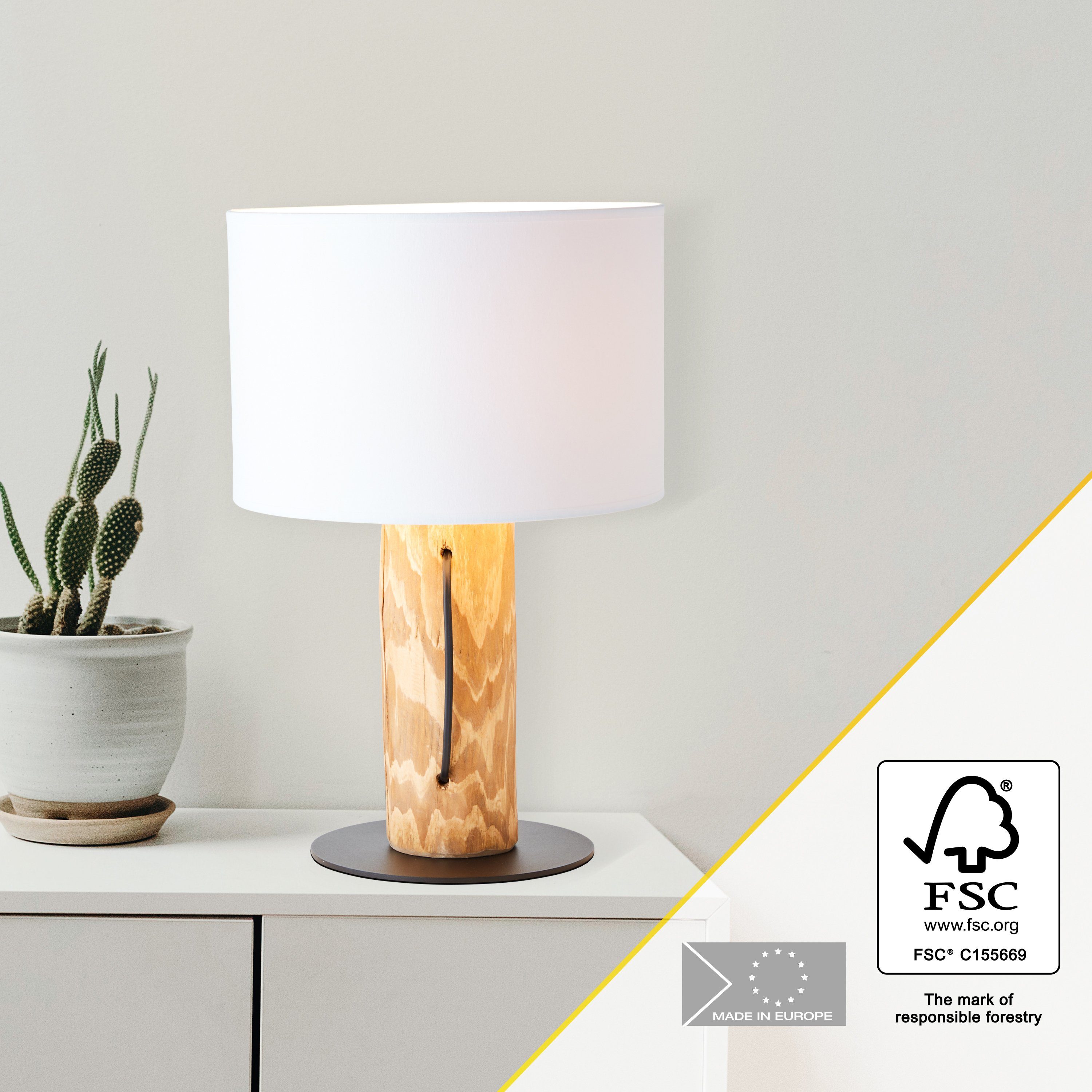 Brilliant Leuchten Tafellamp Jimena 43 cm hoogte, ø 30 cm, e27, hout/textiel, grenen gebeitst/wit (1 stuk)