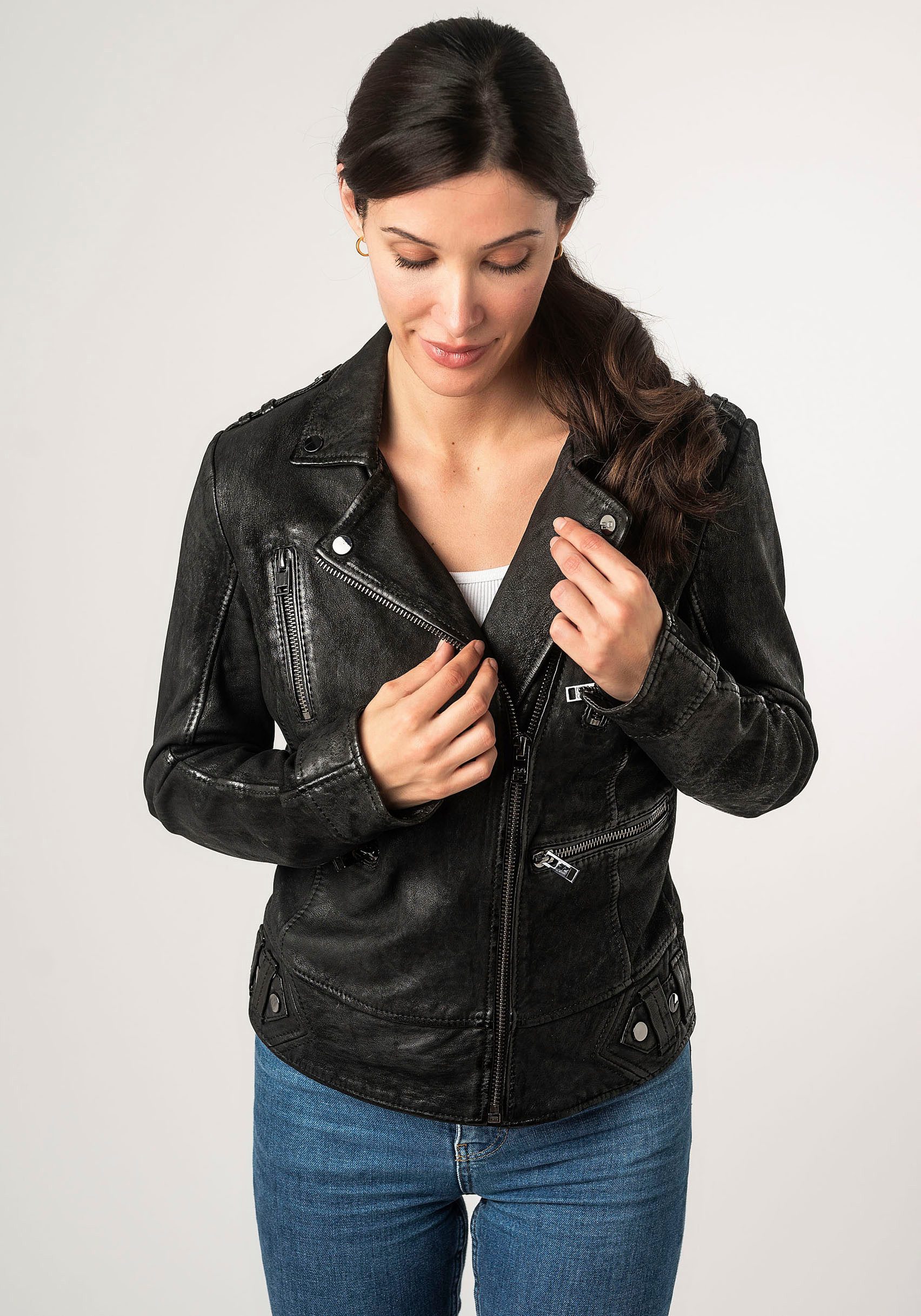 Mauritius Leren jack 2Wtashi met schouderflappen, met studs, met ritszakken