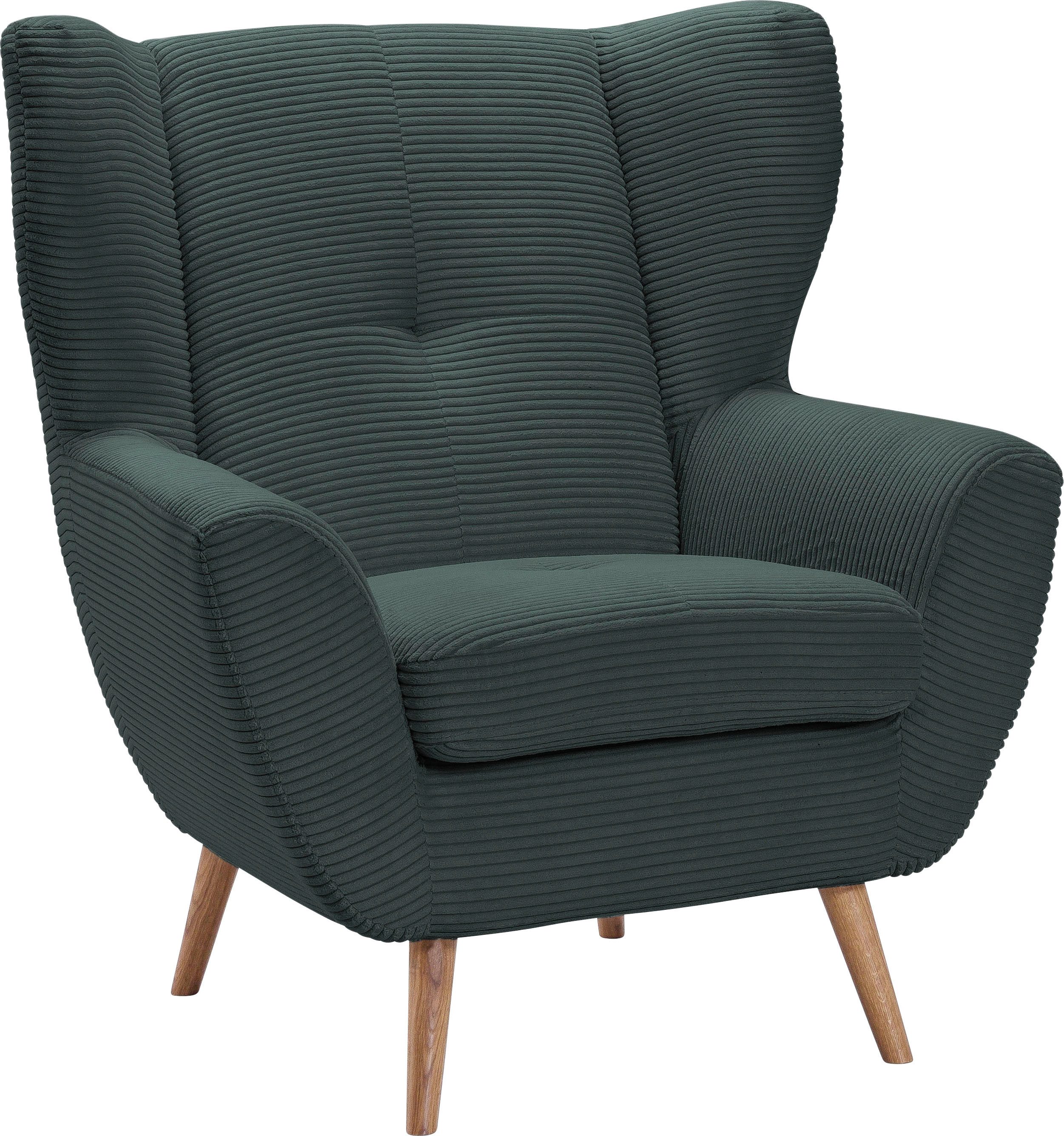 exxpo - sofa fashion Fauteuil ALVESTA, oortstoel, loungesofa met hoog zitcomfort gezellige rugleuning, met knoopstiksels en hoge houten voeten, in