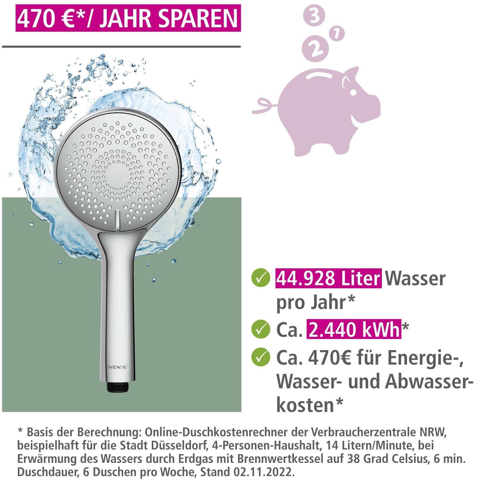 WENKO Handsproeier Watersaving systeem Douchekop Watersaving chroom, diameter 11 cm