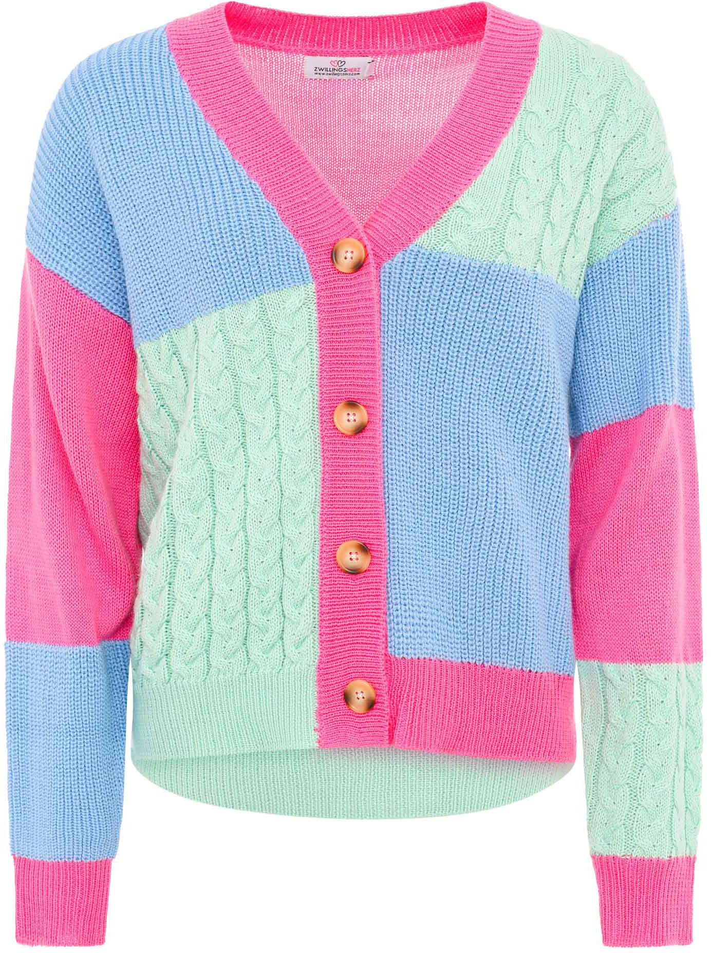 Zwillingsherz Cardigan "Color-Mix" "kleurmix" met knopen colorblock en wolpercentage