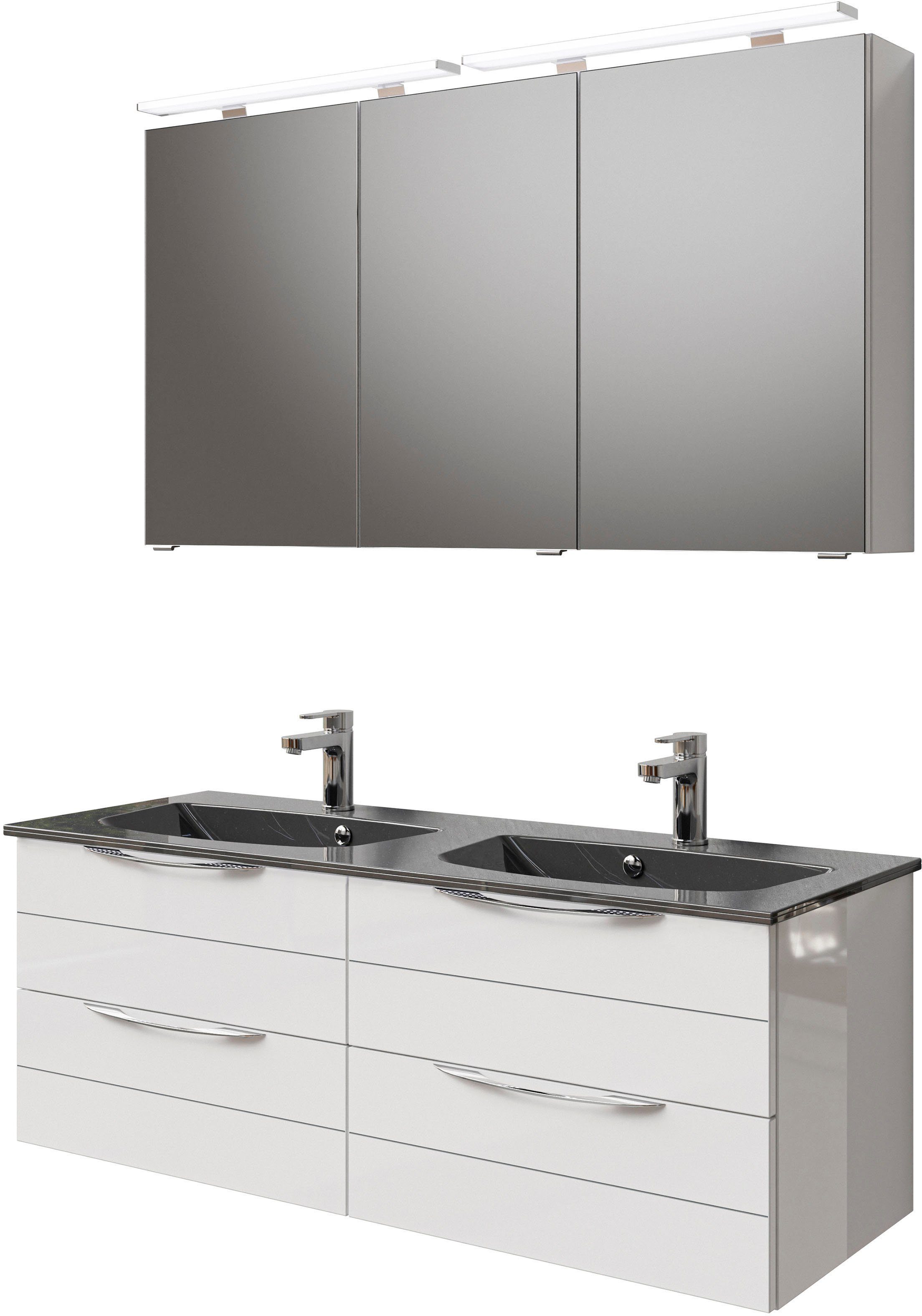 Saphir Badkamerserie Serie 6025 2-delig, mineraalmarmeren wastafel met led-spiegelkast Wastafelmeubel 132 cm breed, 4 laden, 2 spiegeldeuren, incl.