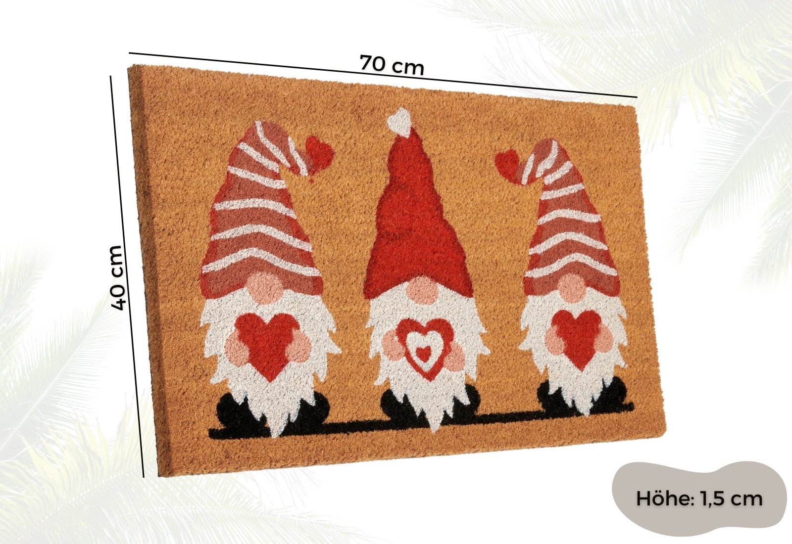 HANSE Home Mat Kokos Gnome Heart, deurmat Vuilafstotende mat, antislip, buiten, kerst, kokosmat, dwerg