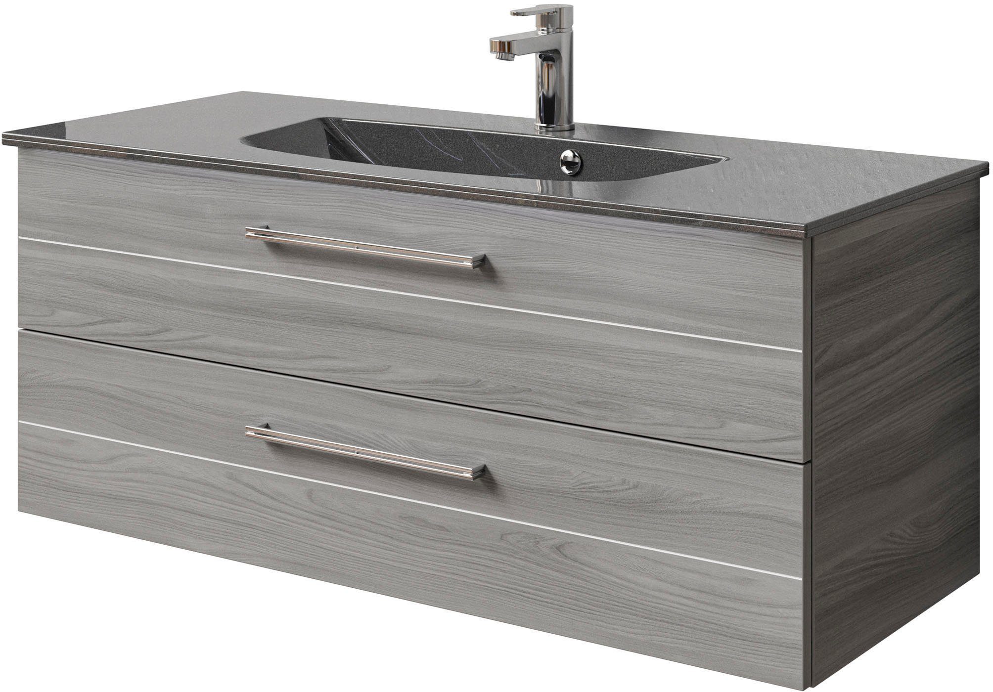 Saphir Wastafelonderkast Serie 6025 mineraalmarmeren wastafel met onderkast, 117 cm breed (2-delig) wastafelmeubels grijs