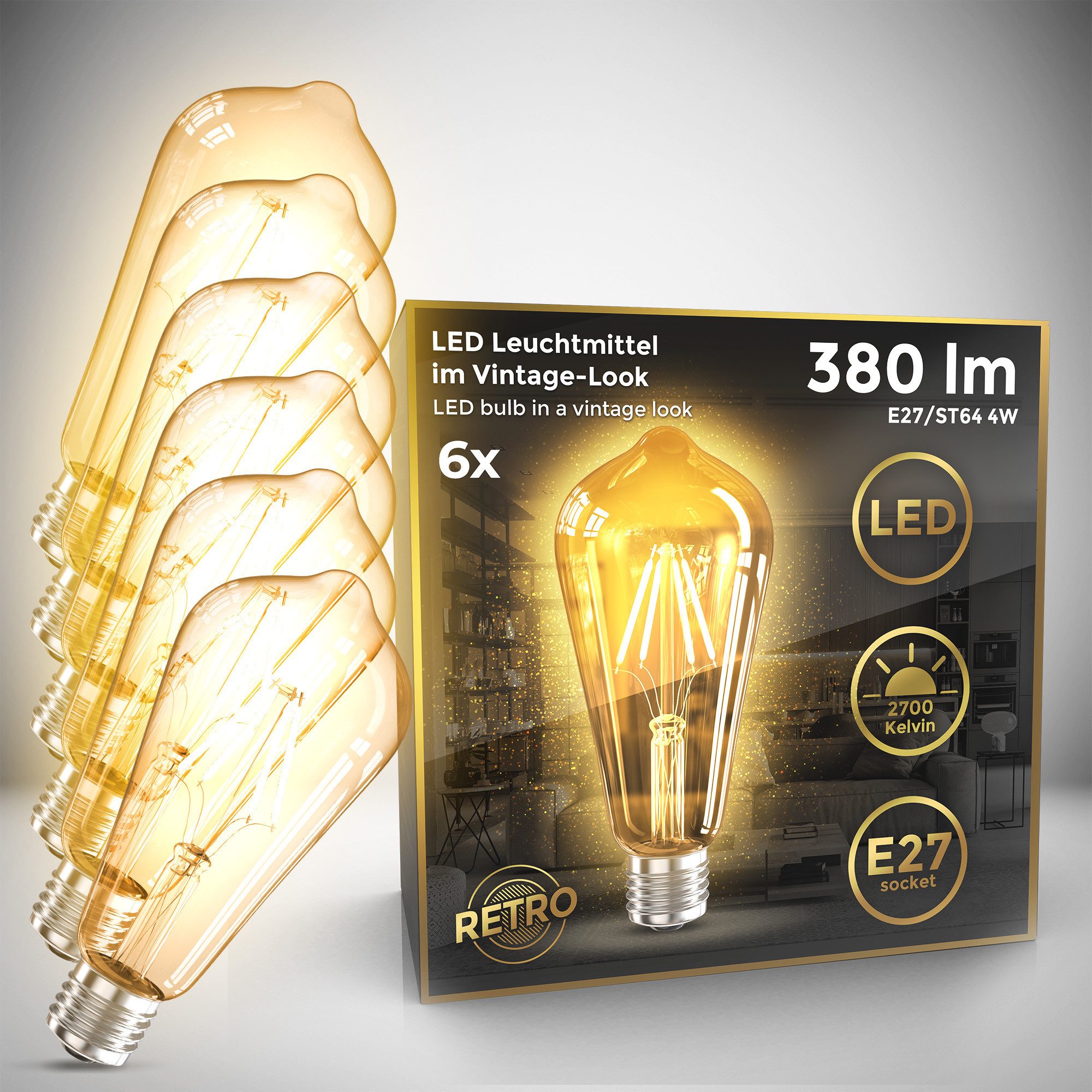 B.K.Licht Led-verlichting LED lichtbron 6-delig set E27 ST64 2.700 k edison vintage gloeilamp filament