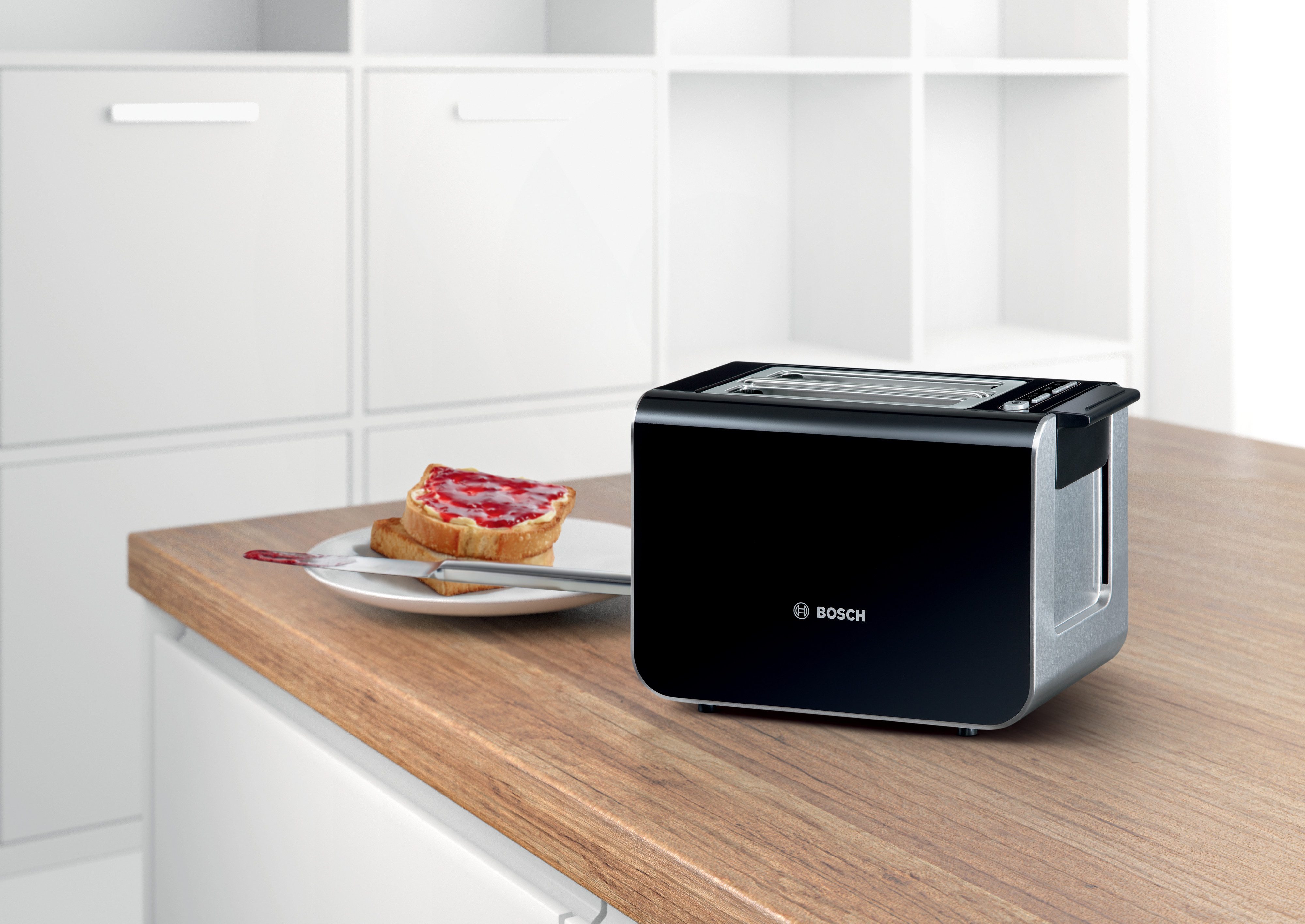 BOSCH Toaster Styline TAT8613N, geïntegreerde broodjesopzet, liftfunctie Ontdooifunctie, automatische uitschakeling, broodcentrering, roestvrij staal/zwart