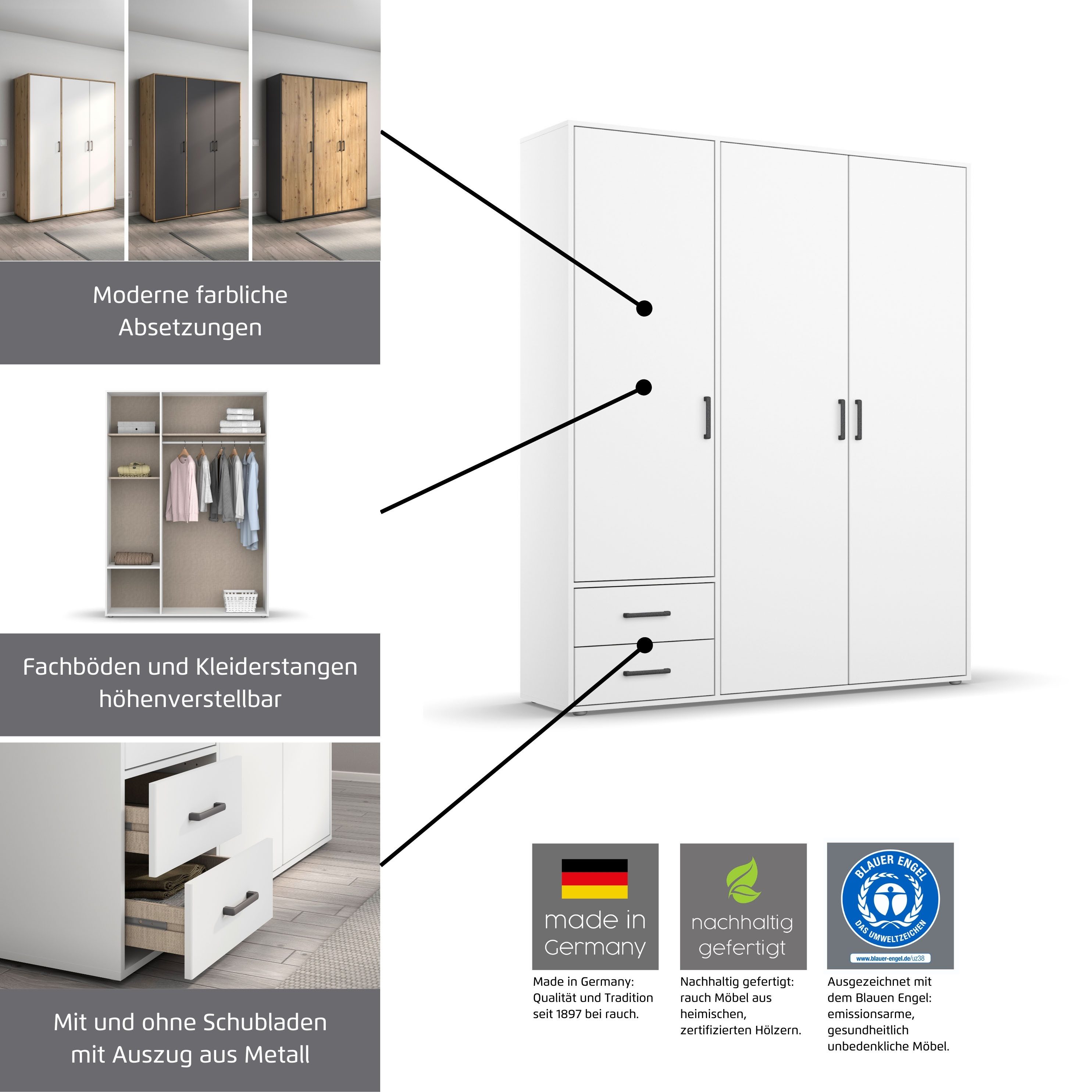 rauch Draaideurkast Kledingkast kast garderobe linnenkast VOYAGER moderne grepen in grijs metallic met buitenlades made in germany