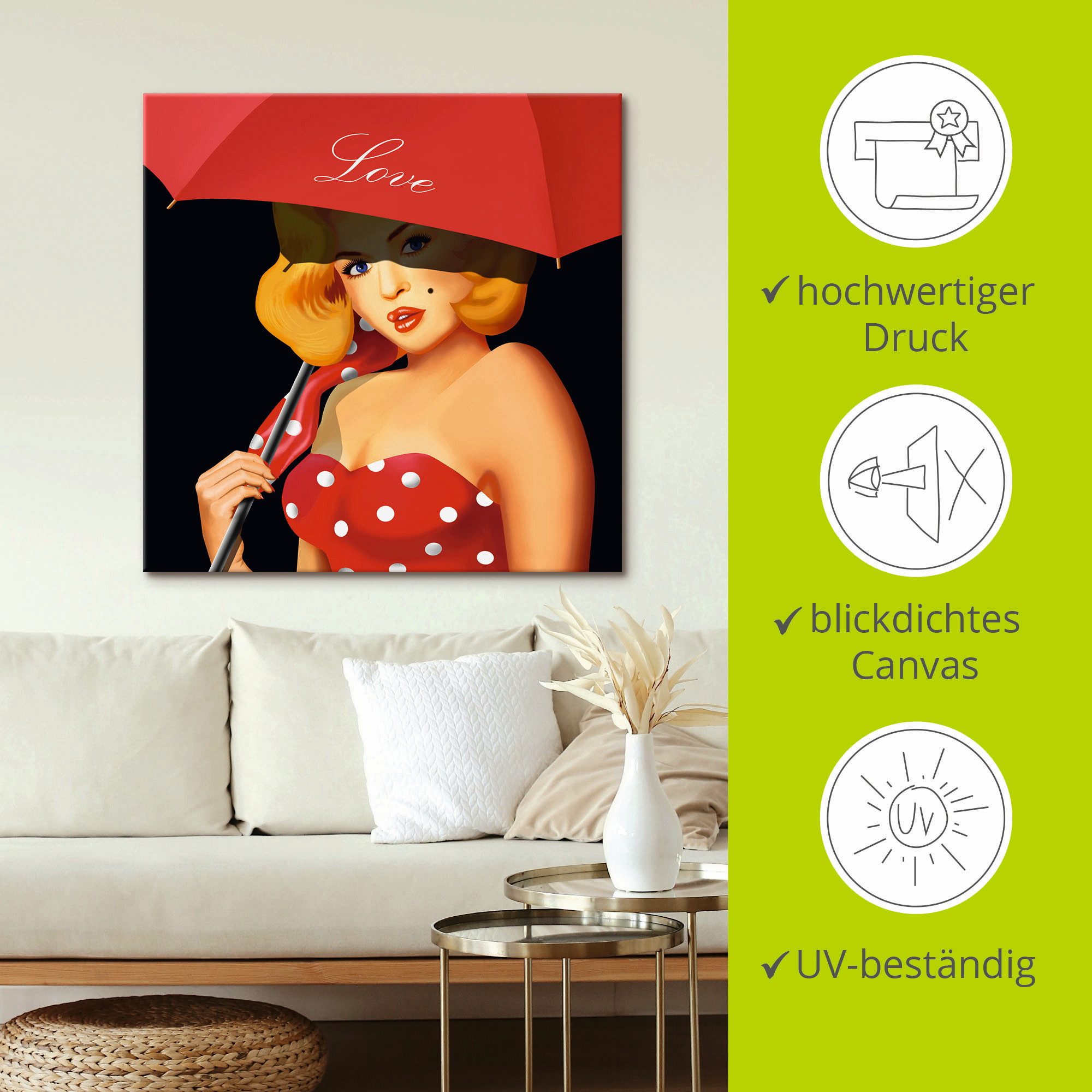 Artland Artprint Pin-upgirl onder rode paraplu als artprint van aluminium, artprint voor buiten, artprint op linnen in verschillende maten