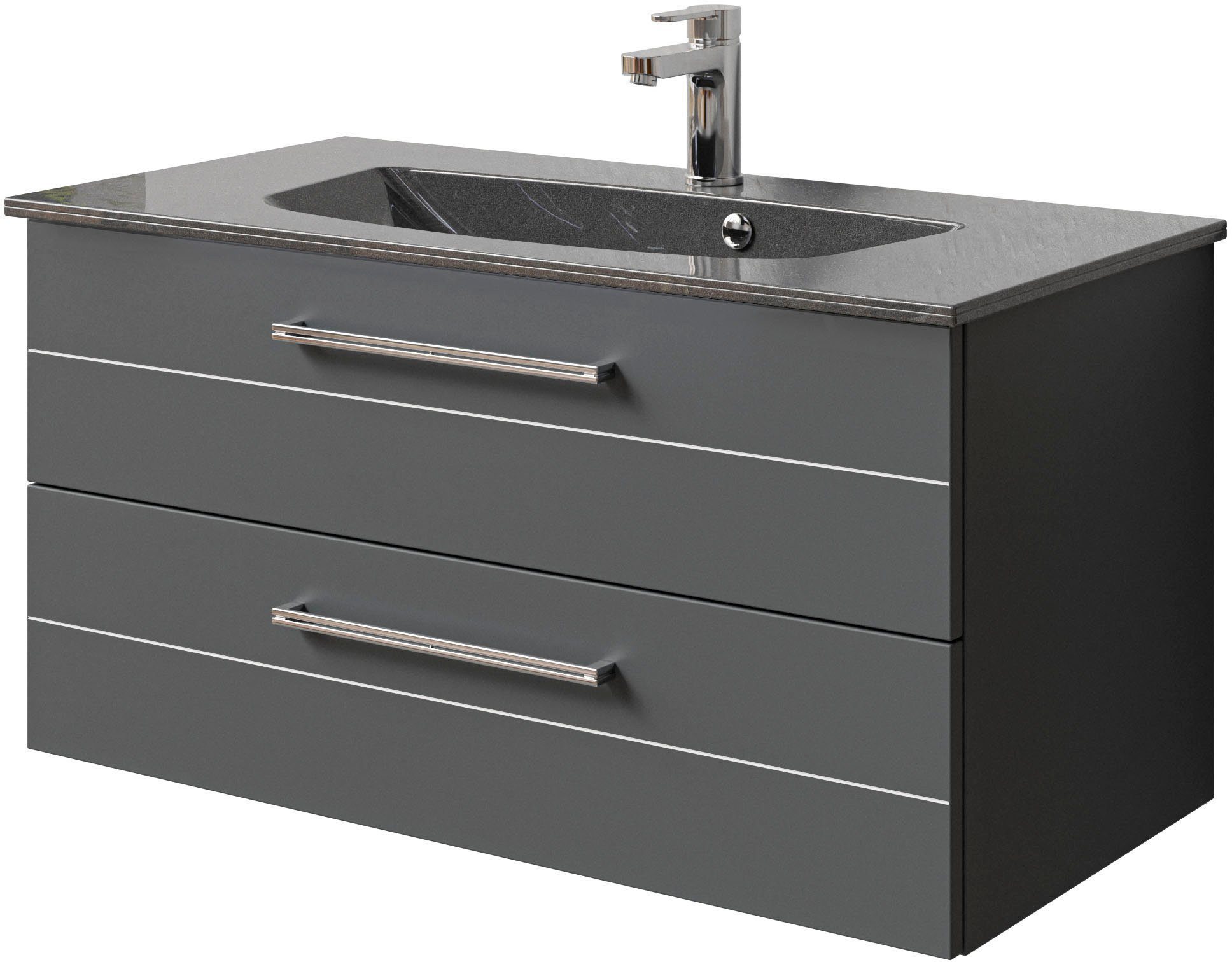 Saphir Wastafelonderkast Serie 6025 mineraalmarmeren wastafel met onderkast, 97 cm breed (2-delig) wastafelmeubels grijs