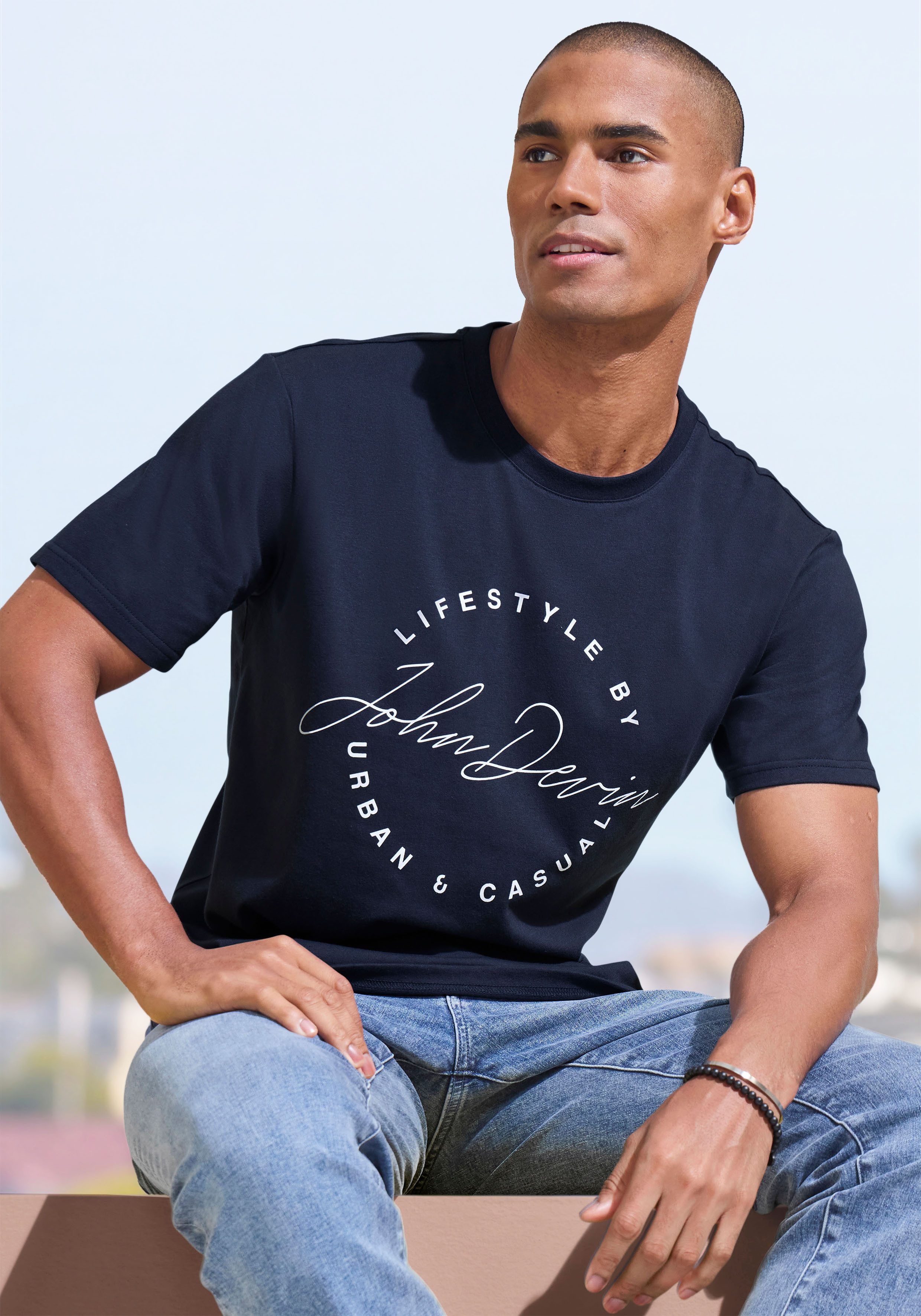 John Devin T-shirt Rondhalsshirt met print van 100% katoen heren t-shirts maat XXL (60/62) blauw