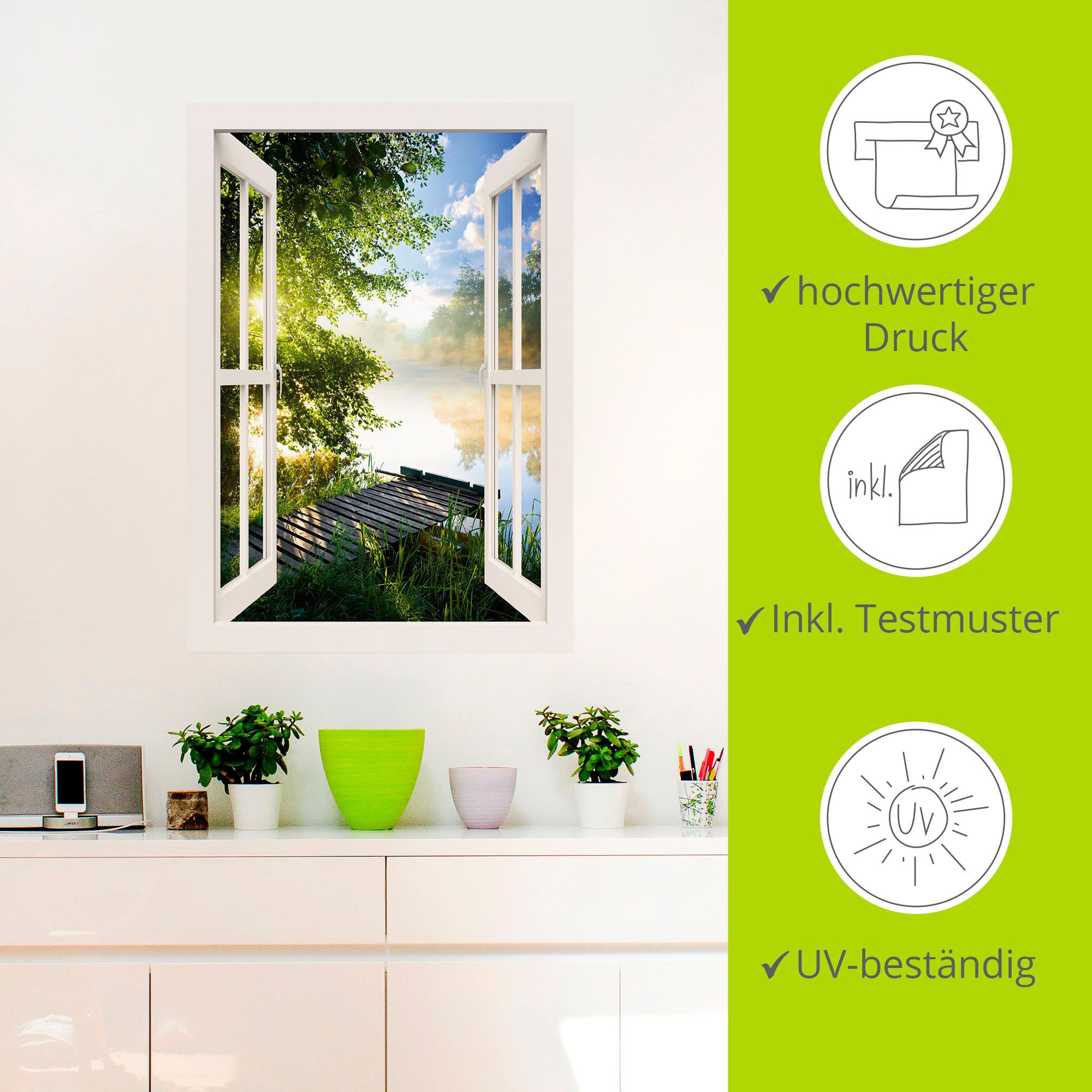 Artland Artprint Blik uit het venster visplek bij de rivier als artprint van aluminium, artprint voor buiten, artprint op linnen, poster, muursticker