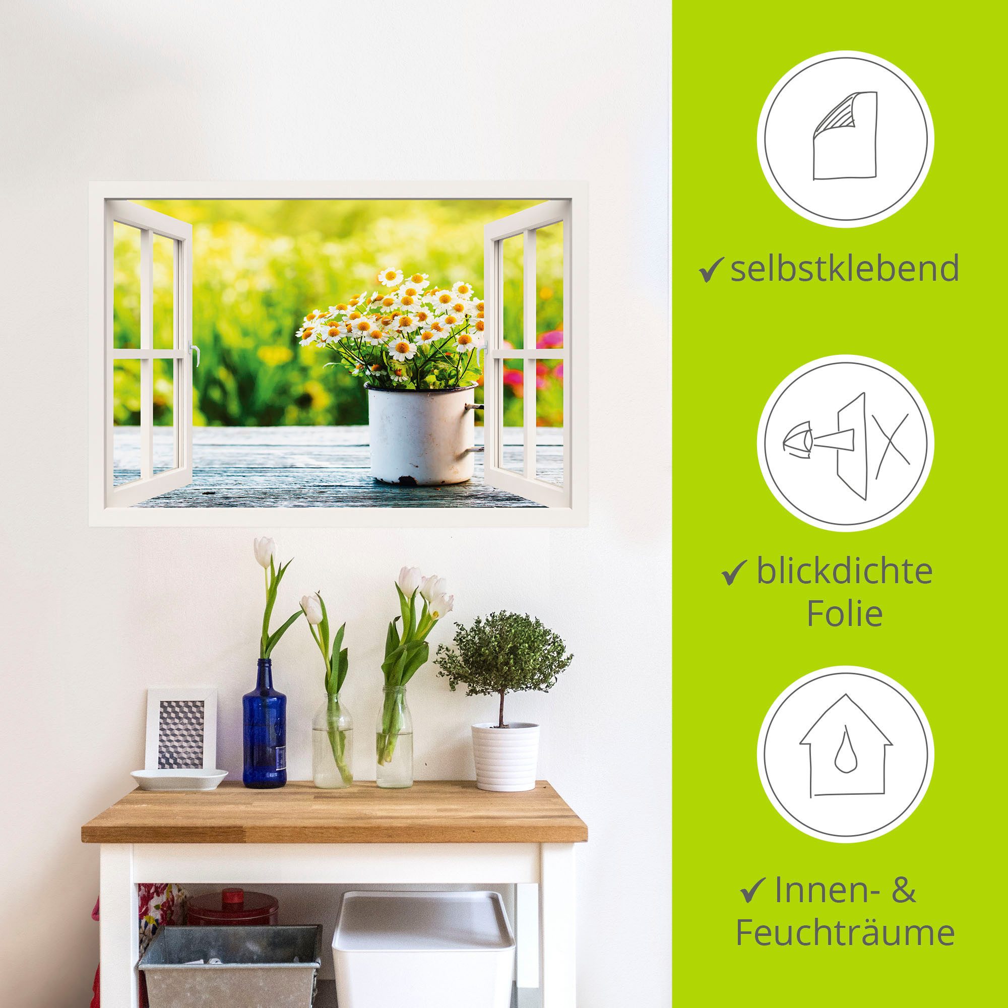 Artland Artprint Blik uit het venster tuin met madeliefje als artprint van aluminium, artprint op linnen, muursticker, verschillende maten