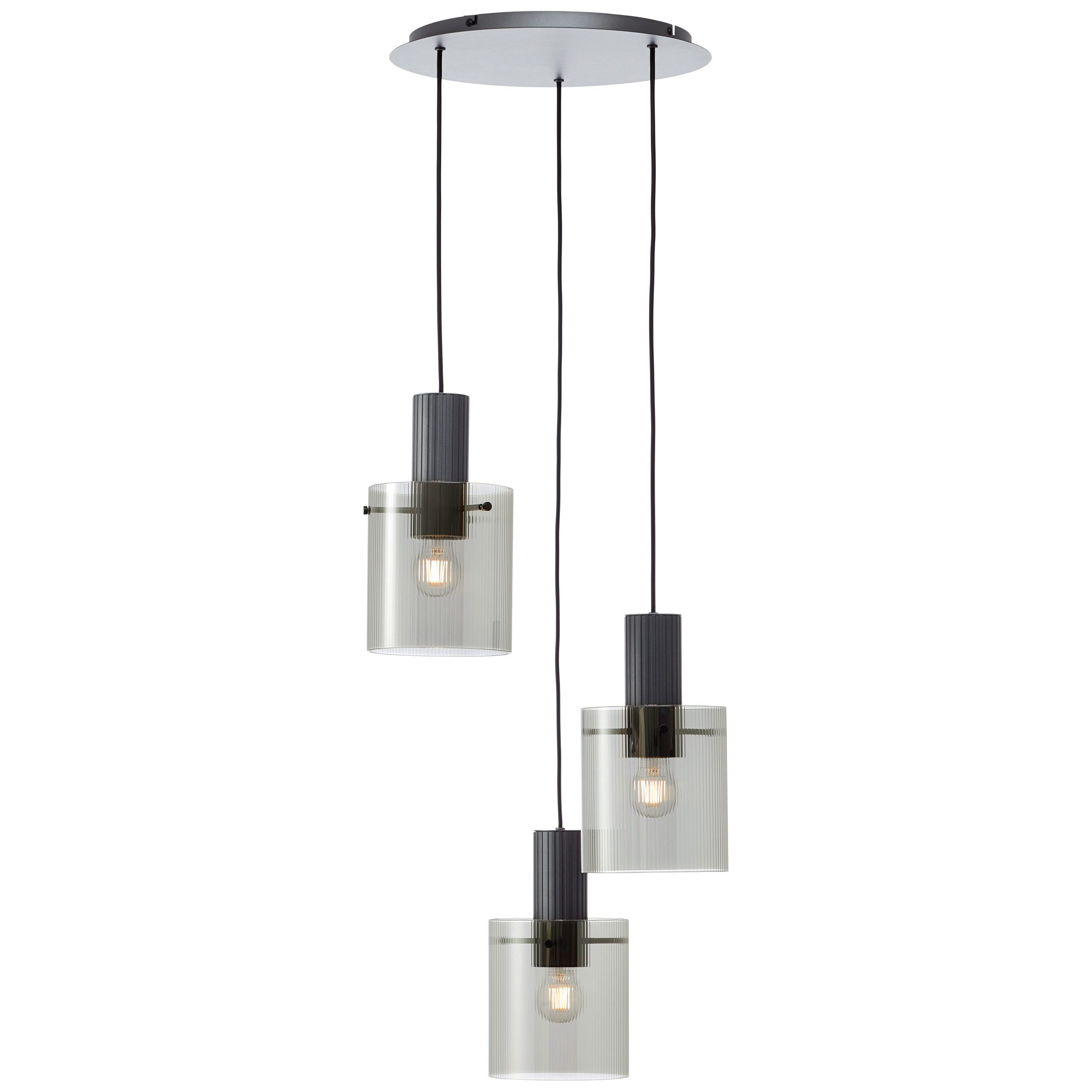 Brilliant Leuchten Hanglamp Riffelini 150 x 48 cm, 3x e27, inkortbaar, geribbeld rookglas, antraciet