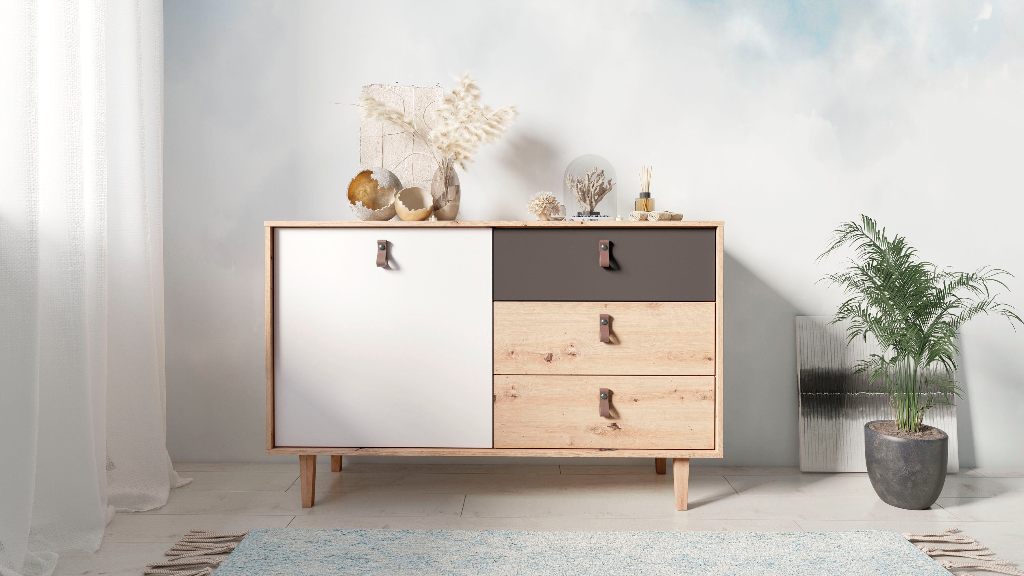 INOSIGN Dressoir Bill, commode in 120 cm en 180 cm breed, met massief houten poten, dressoirs maat 120 cm x 77 cm x 36,5 cm bruin