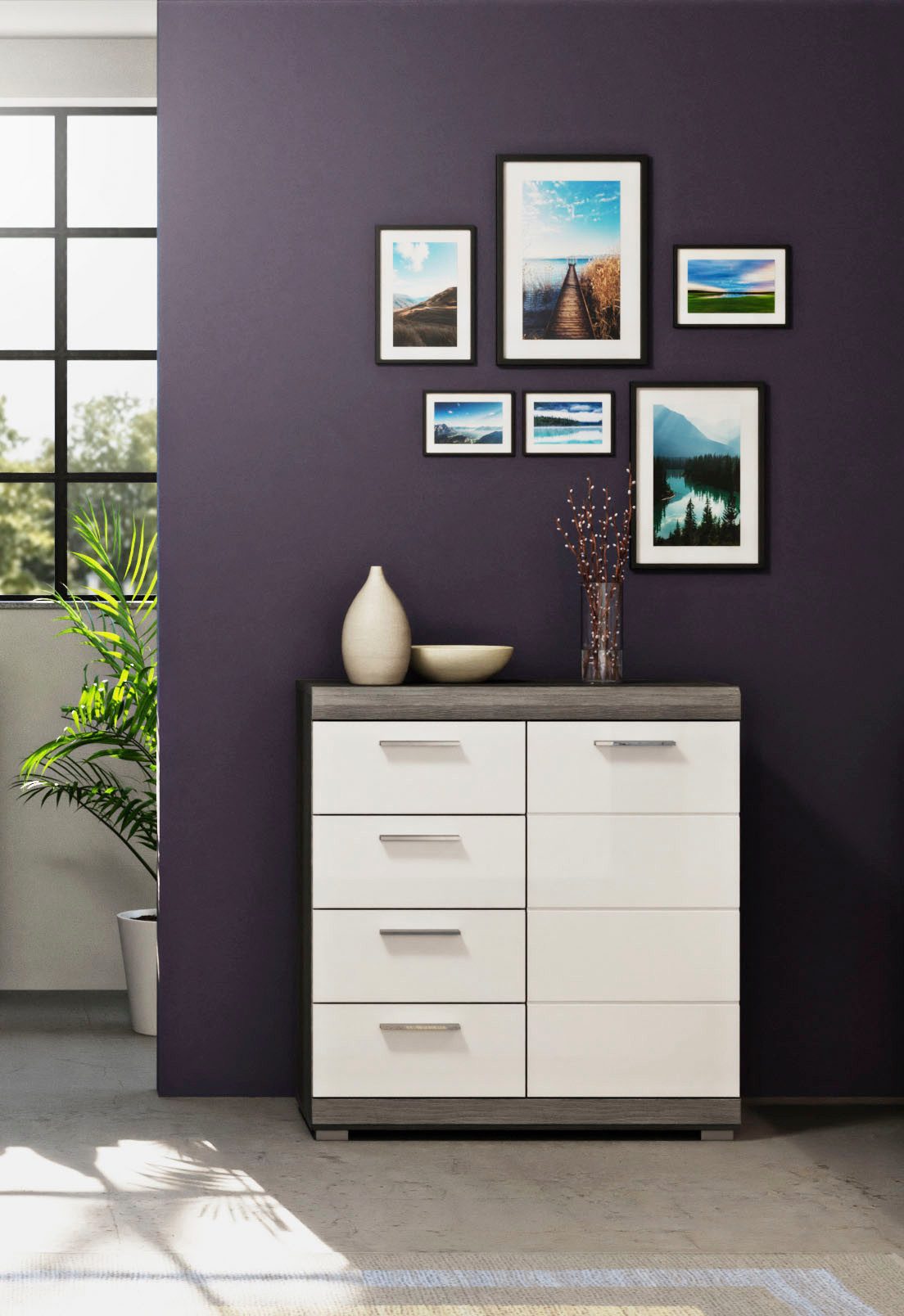 INOSIGN Kast Siena, breedte 80 cm, 1 deur, 2 legplanken, 3 vakken, 4 lades Front-groeffreesing, schoenenkommode, schoenenkast, buffetkast, sideboard