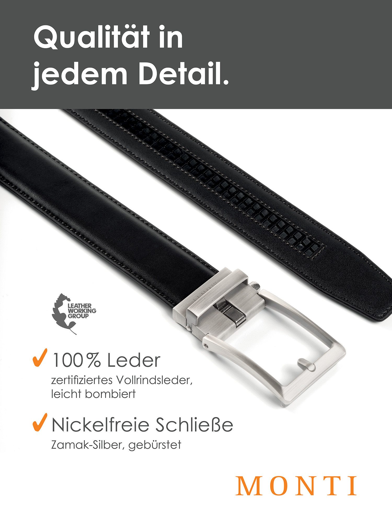 MONTI Leren riem 3,5 cm breed, klassiek-business, automatische sluiting - past altijd