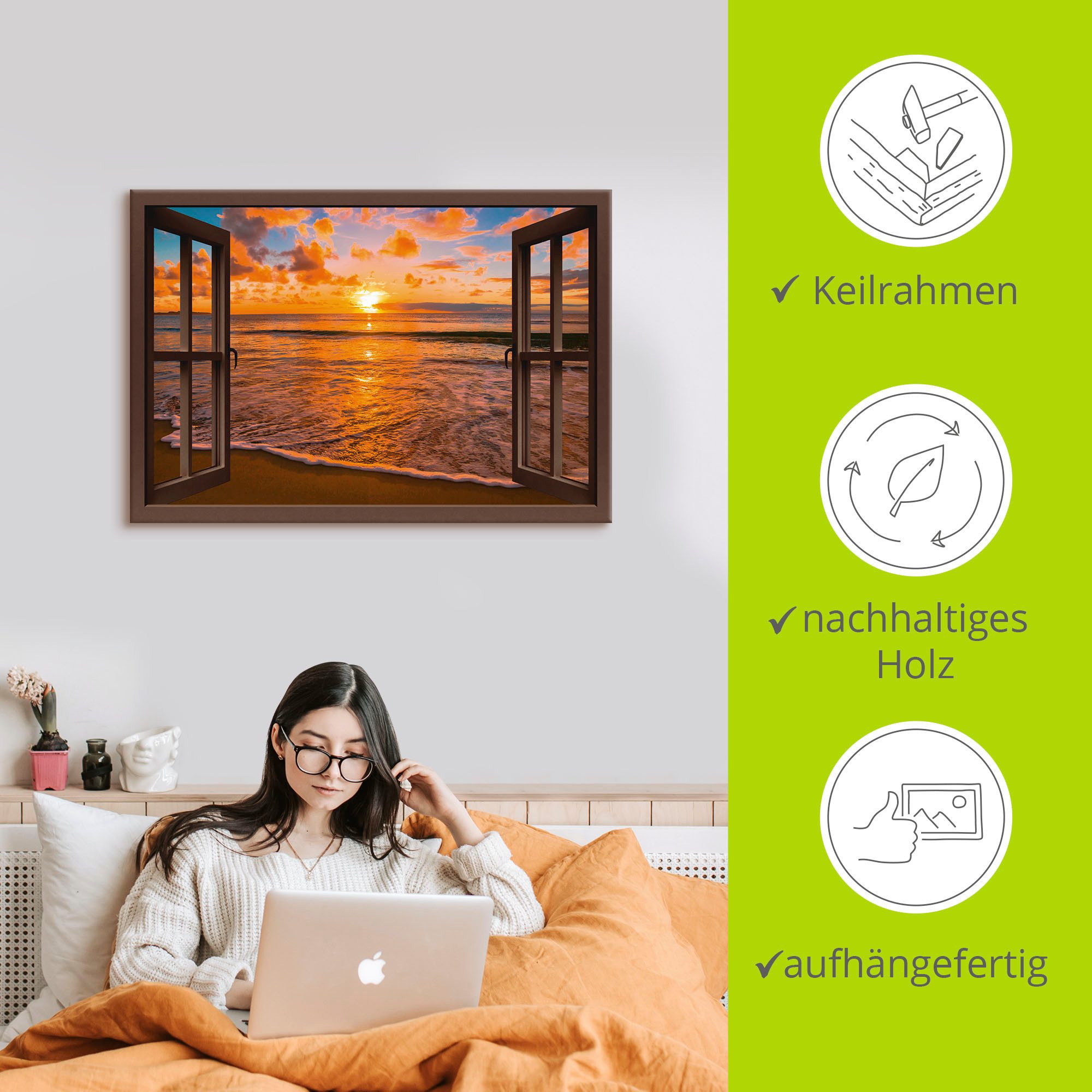 Artland Artprint Blik uit het venster zonsondergang aan het strand als artprint op linnen, poster, muursticker in verschillende maten