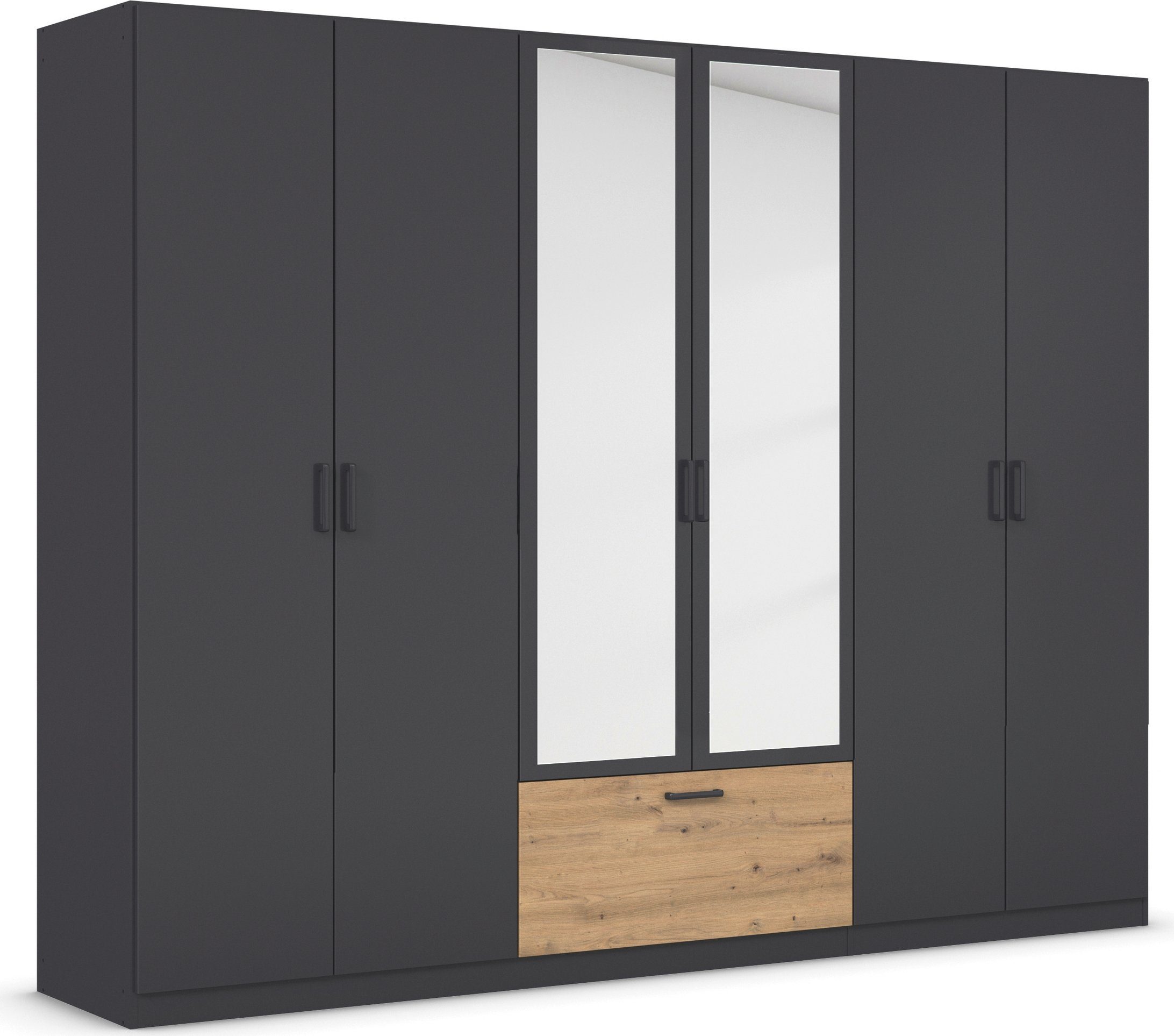 rauch Draaideurkast Kledingkast kast garderobe waskast BARI met spiegel met lades in het midden, moderne greep in grijs metallic made in germany