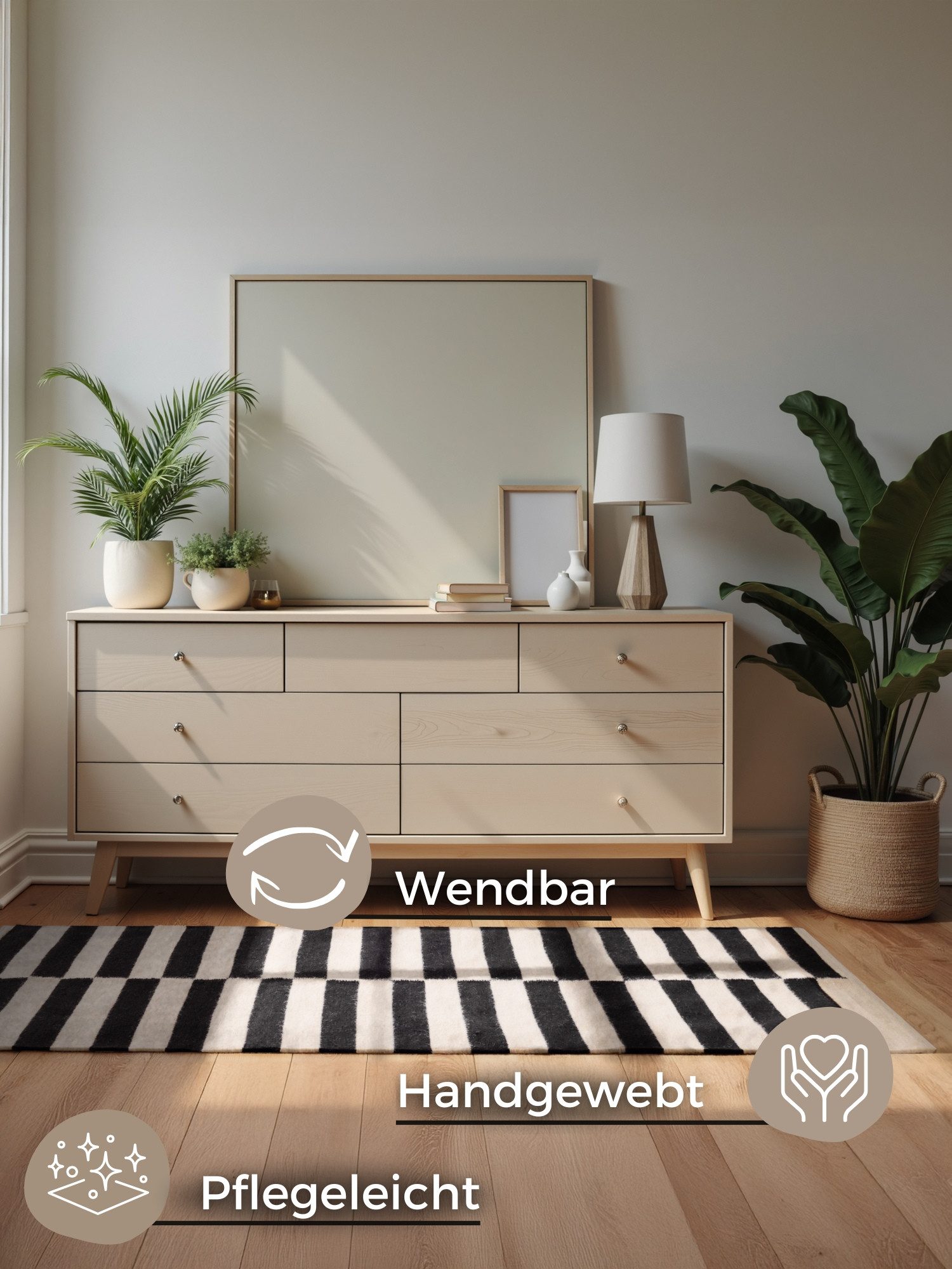 HANSE Home Wollen kleed Donna, zwart-wit handgeweven, wol, natuur, loper, woonkamer, slaapkamer, strepen