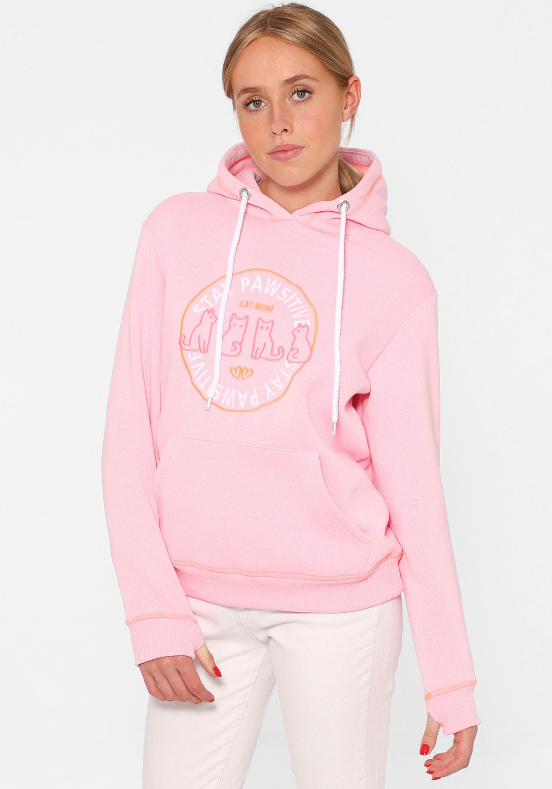 Zwillingsherz Hoodie Cat Mom met geborduurd kattenmotief en contrasterende stiksels