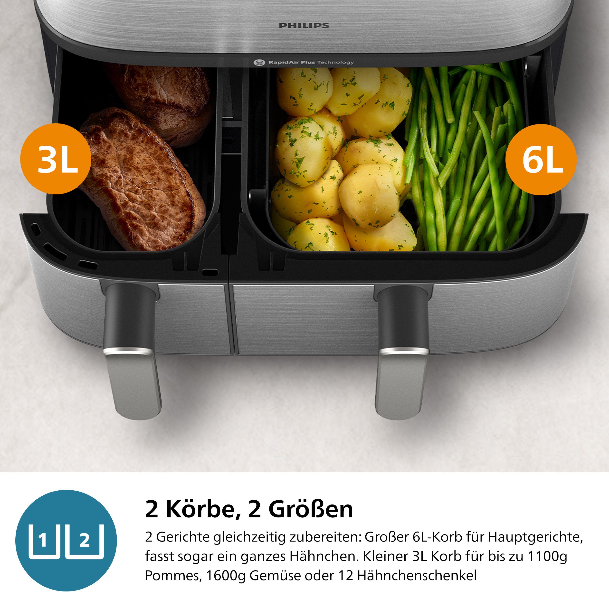 Philips Airfryer NA555/00 Steam Airfryer 5000 Series Dual Basket, 9L Kapazität (3L+6L)