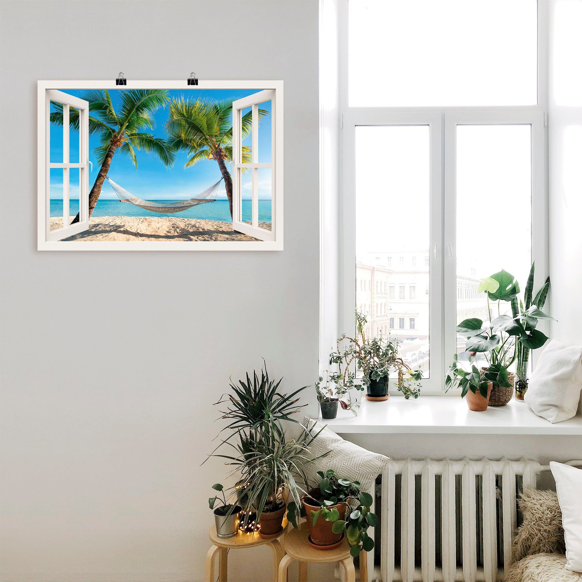 Artland Artprint Blik uit het venster palmenstrand Caribic als artprint van aluminium, artprint voor buiten, artprint op linnen, poster, muursticker