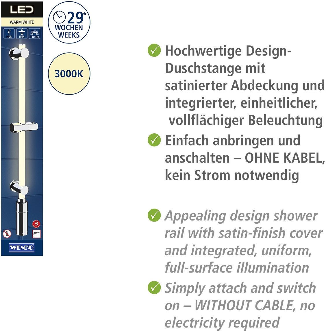 WENKO Douchestang met ledverlichting Lengte: 74 cm, warmwit, inclusief oplaadbare eenheid
