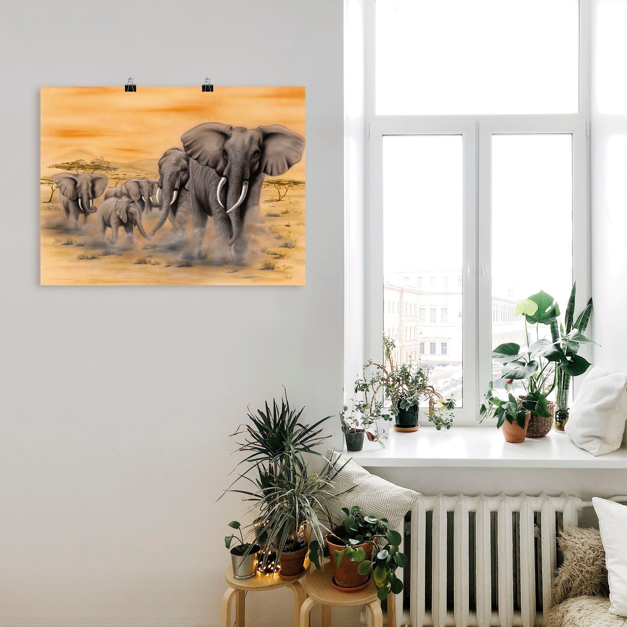 Artland Artprint Olifanten op de steppe als artprint van aluminium, artprint voor buiten, artprint op linnen, poster, muursticker