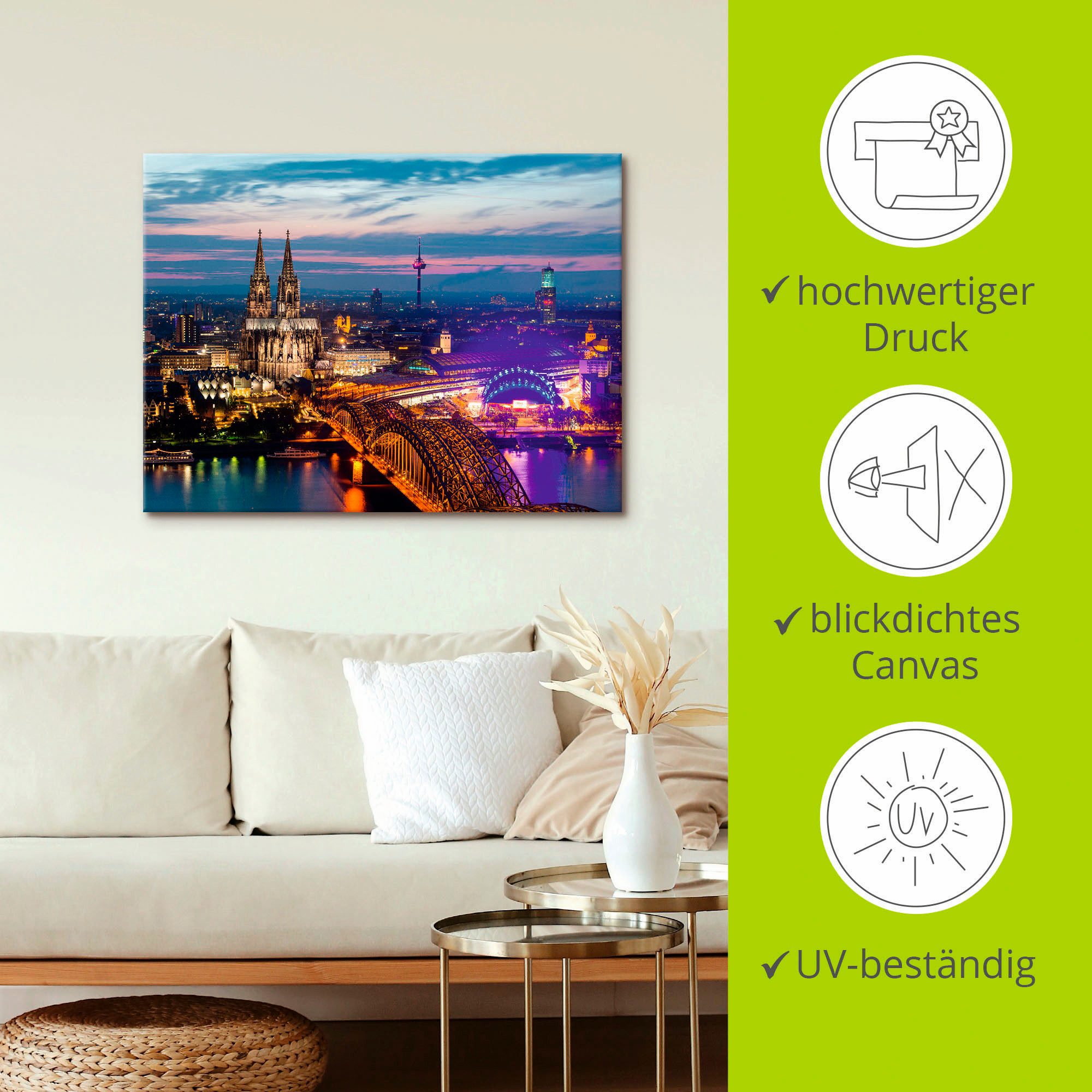 Artland Artprint Keulen panorama in de avond als artprint van aluminium, artprint voor buiten, artprint op linnen in verschillende maten