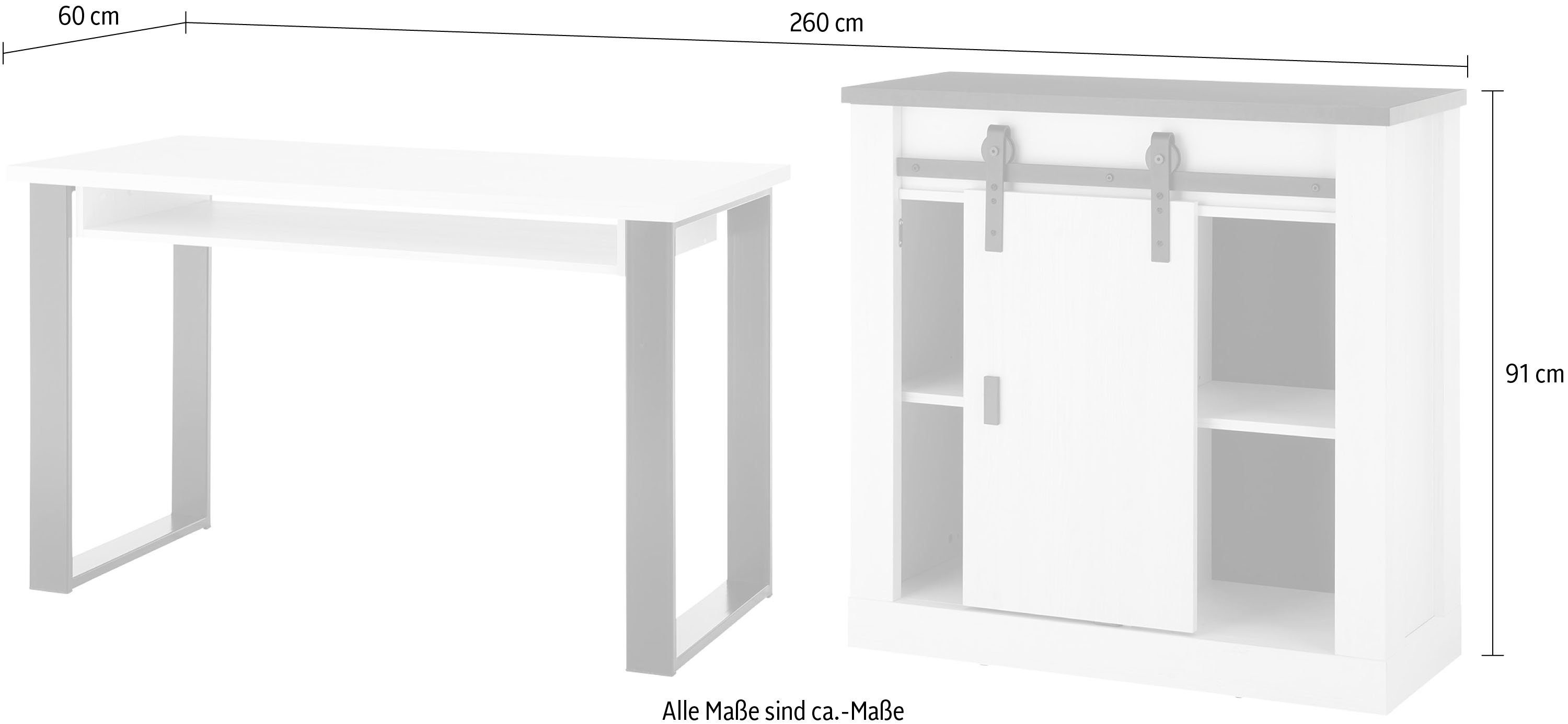 Home affaire Kastenset Sherwood Kantoormeubelenset met schuurdeurbeslag van metaal, breedte ca. 220 cm (2-delig)