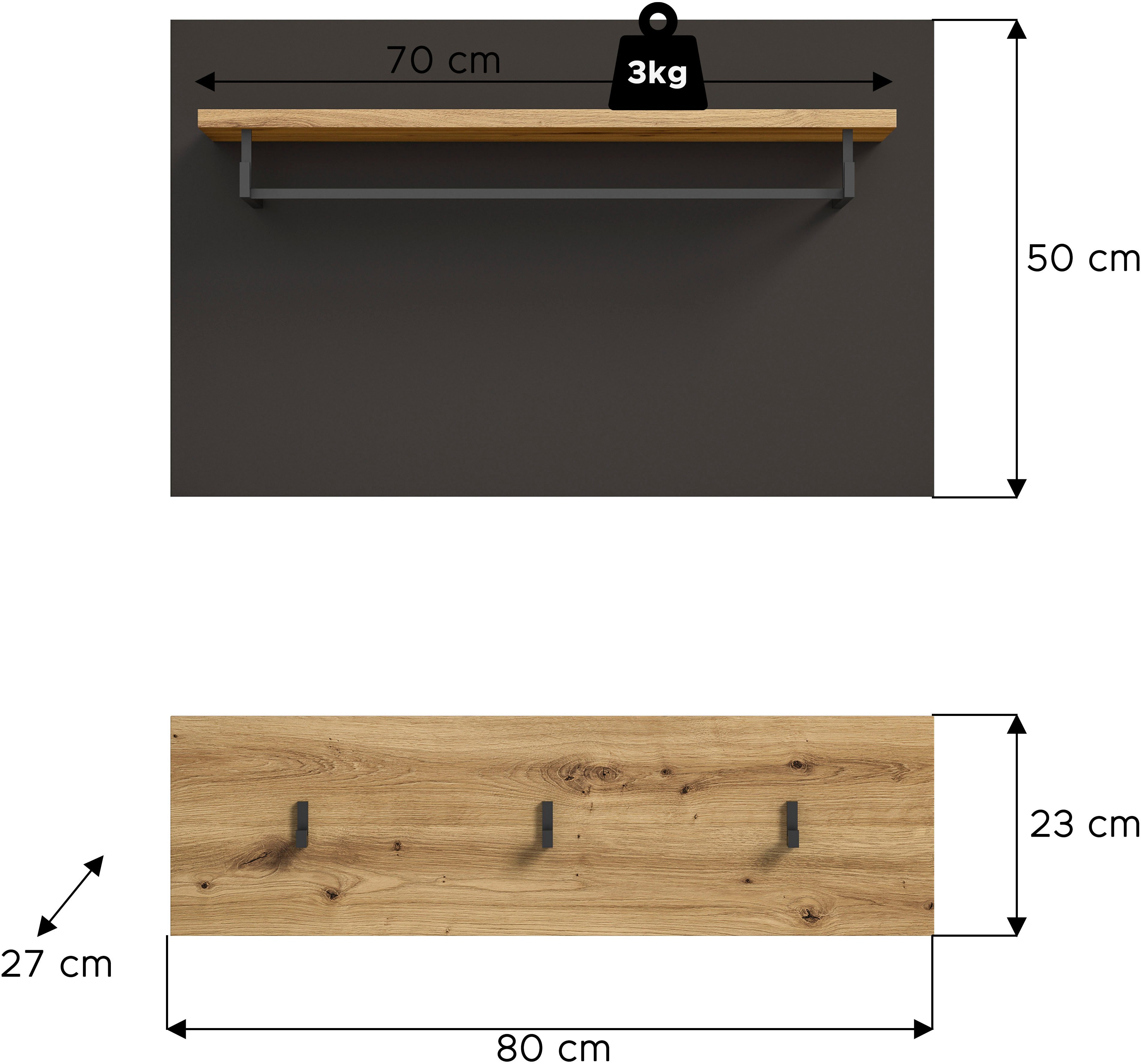 INOSIGN Kapstokpaneel Rehat, Breedte 80cm, 2-delig, 3 haken, met hoedplank