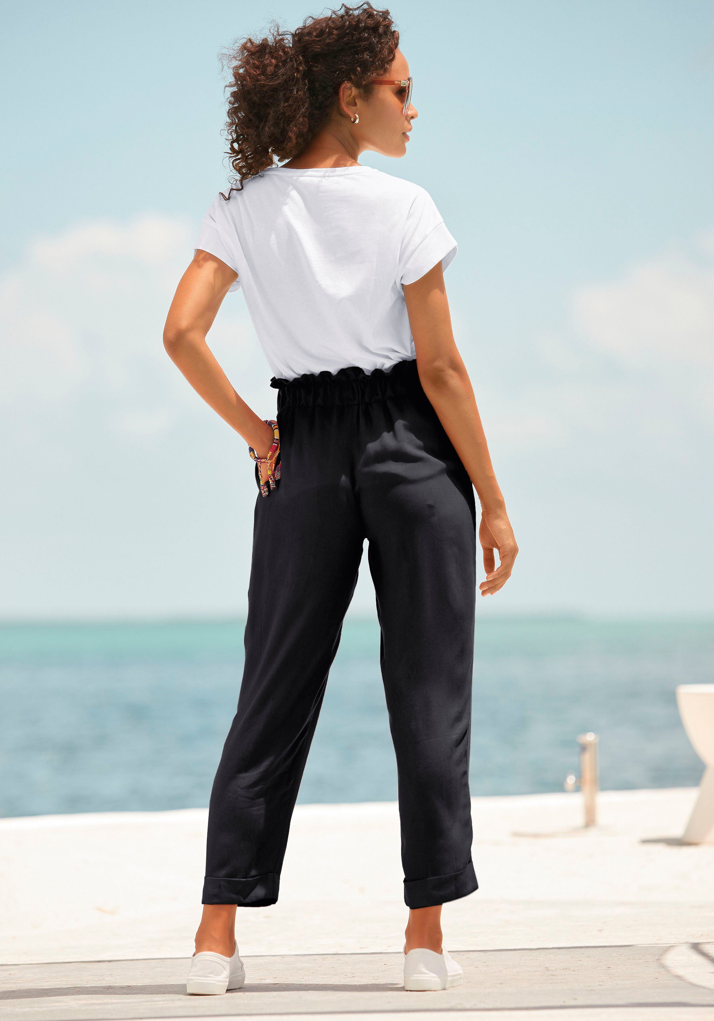 Lascana Paperbag-broek met sierknopen en elastische tailleband, stofbroek, opgerolde broekzoom