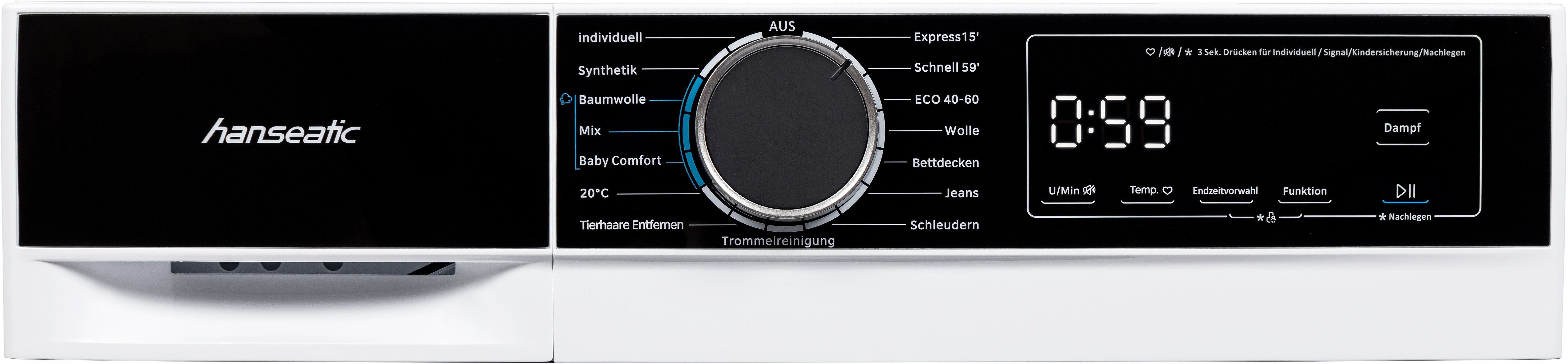 Hanseatic Wasmachine HWMA814B, Snelwasprogramma, voorprogrammeren starttijd