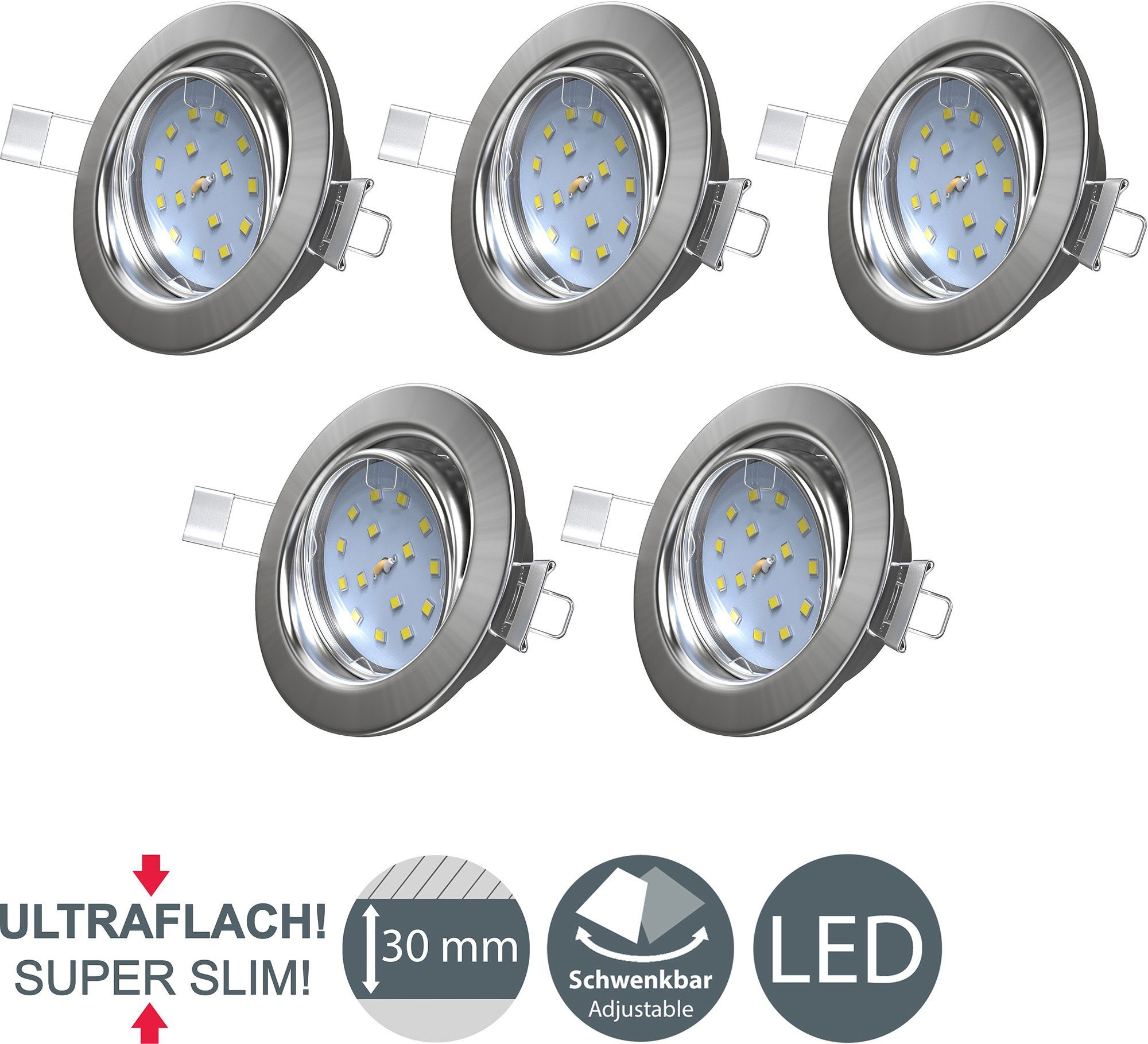 B.K.Licht Ledinbouwlamp 5-delige inbouwspot, kantelbare plafondspots, platte spots (5 stuks)