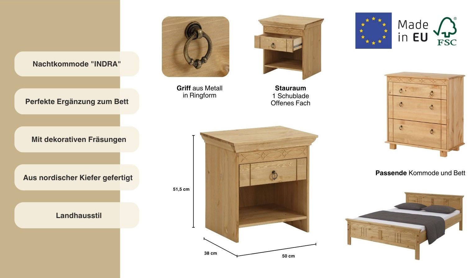 Home affaire Nachtkastje Indra Nachtkastje met decoratief freeswerk, breedte: 50 cm