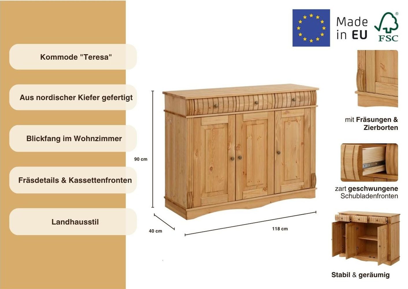 Home affaire Dressoir Teresa Commode, 3-deurs, breedte 119 cm, van massief dennenhout, FSC®