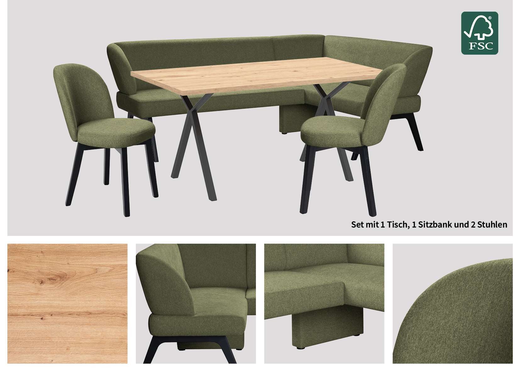 Home affaire Eethoek Aretha eetkamerset, zitgroep, hoekbank, keukenbank Eetkamer zitgroep, tafel, stoelen en bank gestoffeerd, Nosag-vering (4-delig)