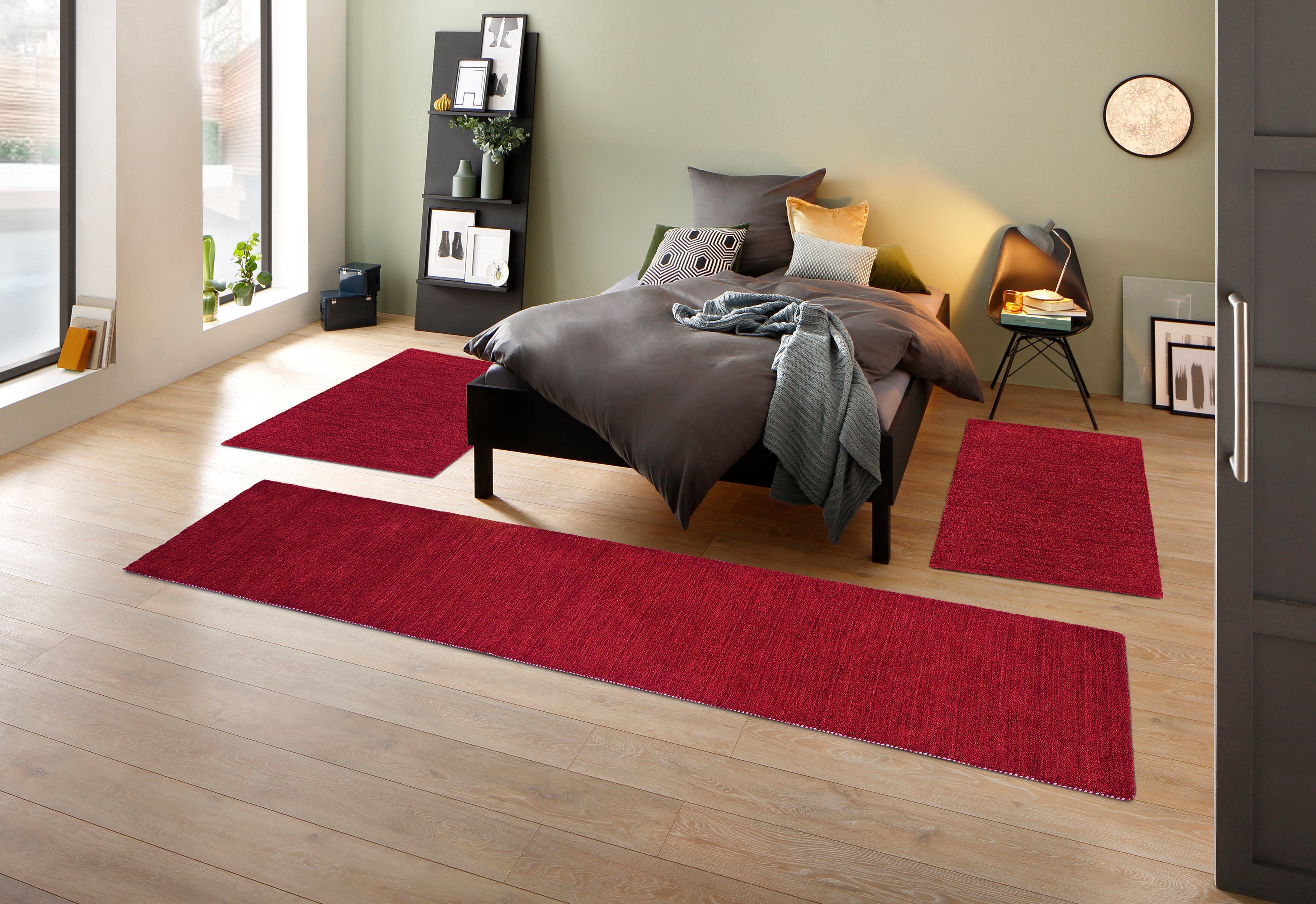 THEKO Set slaapkamerkleedjes Gabbeh uni, handgeweven tapijt, gemêleerd, 100% wol Slaapkamerkleed, unikleuren, met de hand geweven, loper-set, slaapkamer