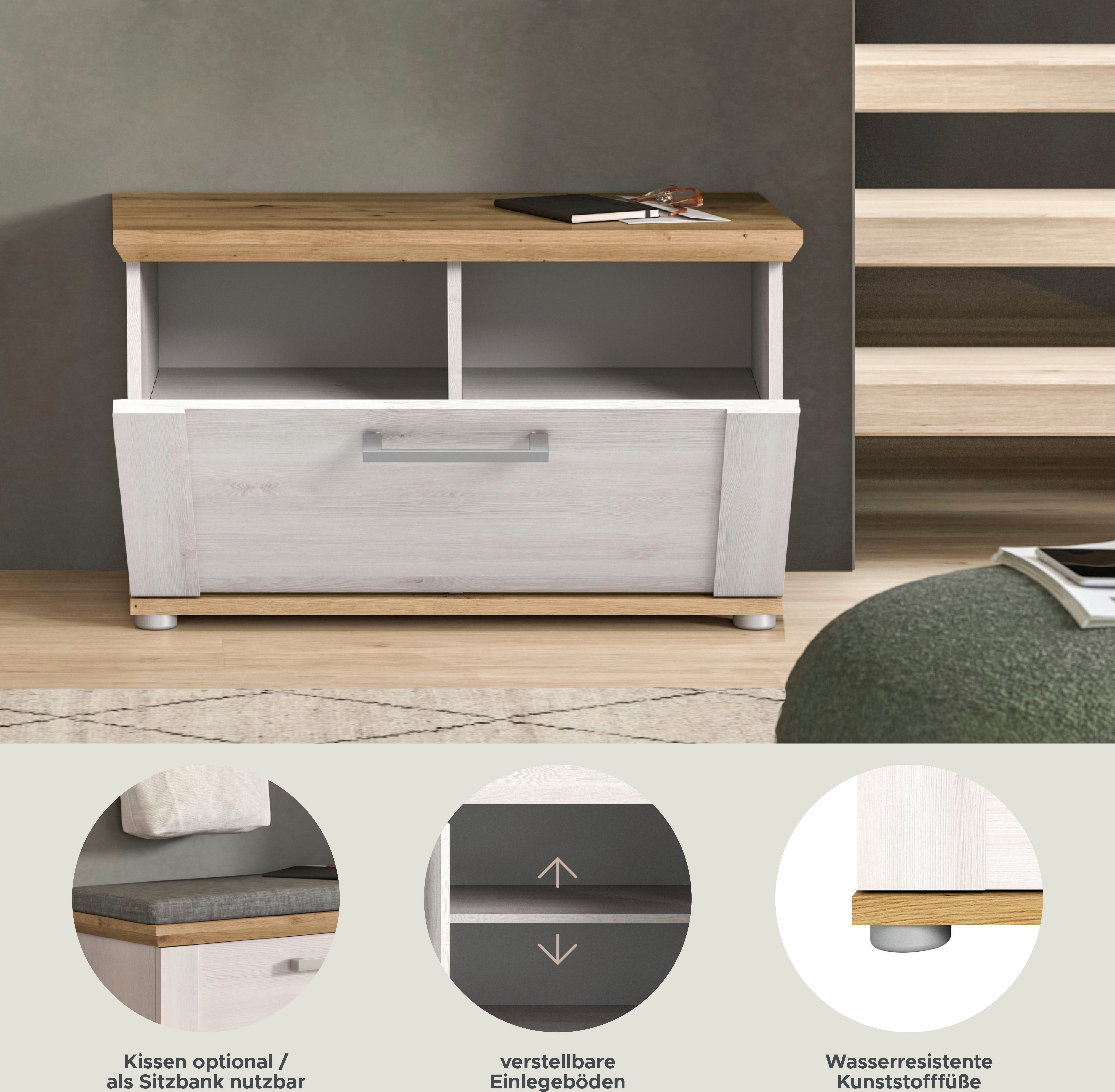 Home affaire Zitbank Cosenza, Breedte 80 cm, 1 Deurtje, 2 Planken, 2-kleurig in landelijke stijl, bank, schoenenbank, garderobenbank, halbank