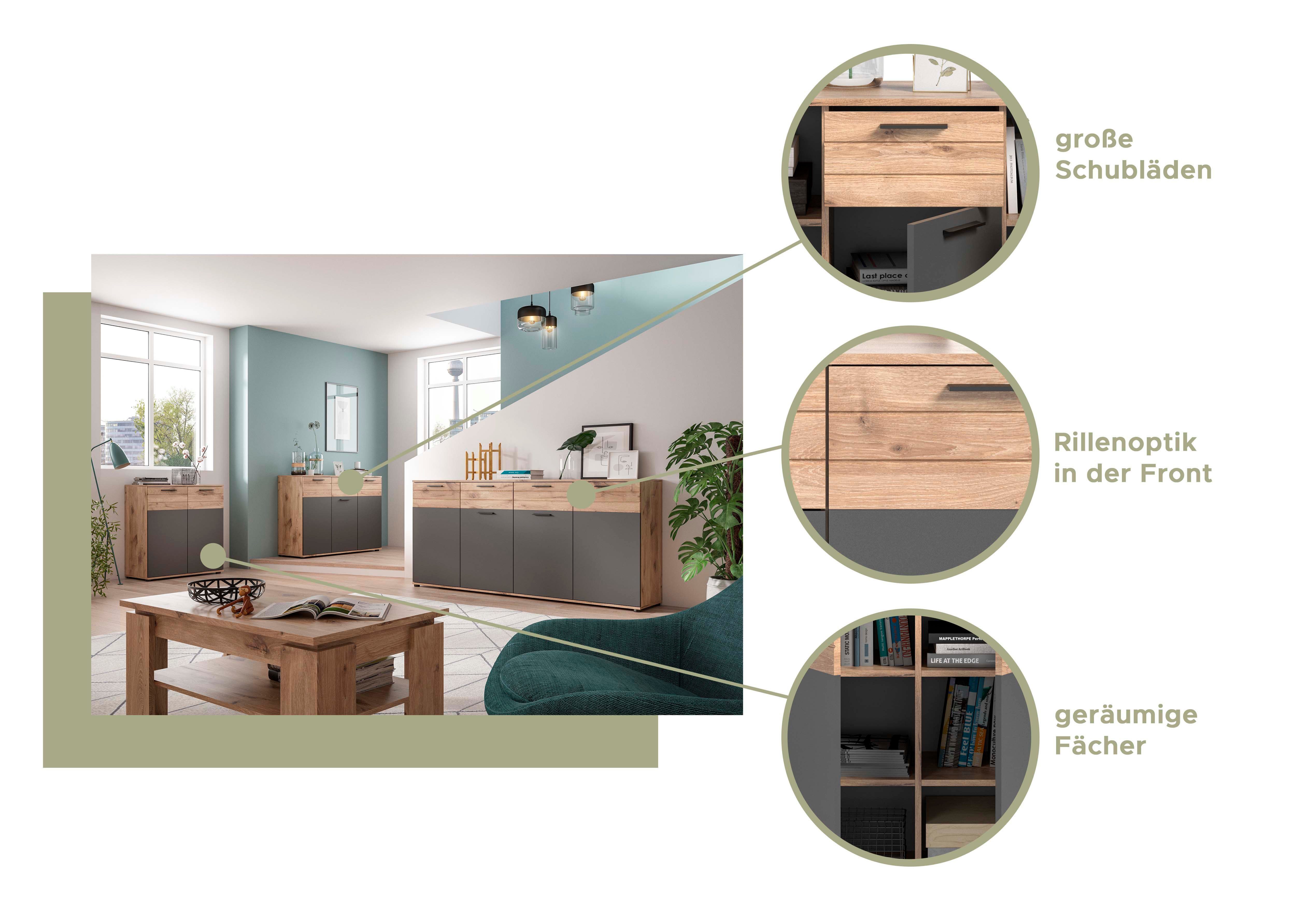 INOSIGN Dressoir Riga, Breedte 120 cm, 3 Deuren, 1 Lade, 5 Planken, 8 Vakken hoogwaardige groeffrezen, met softclose, commode, dressoir, kast