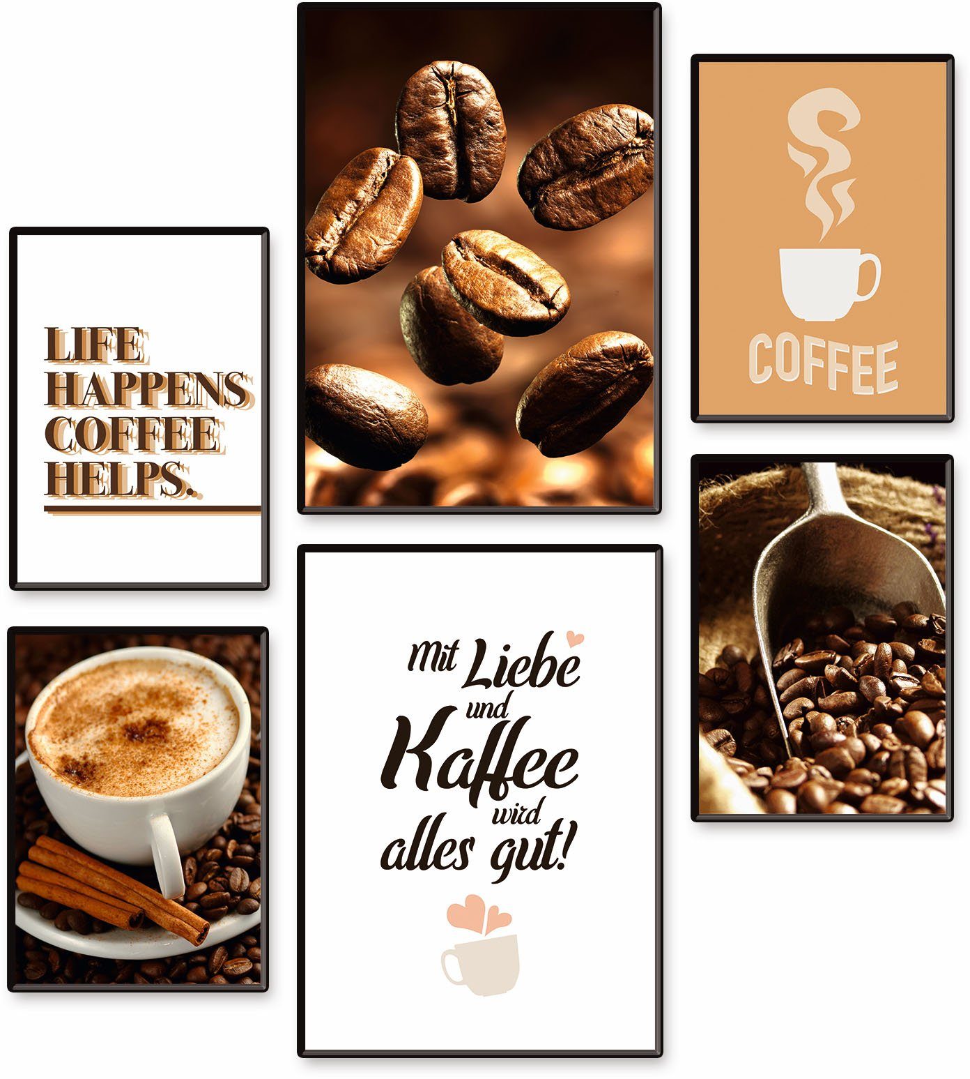 Artland Poster Koffie variëteit 6-pack, 2xdin a3 / 4xdin a4, zonder lijst (set, 6 stuks) food bruin
