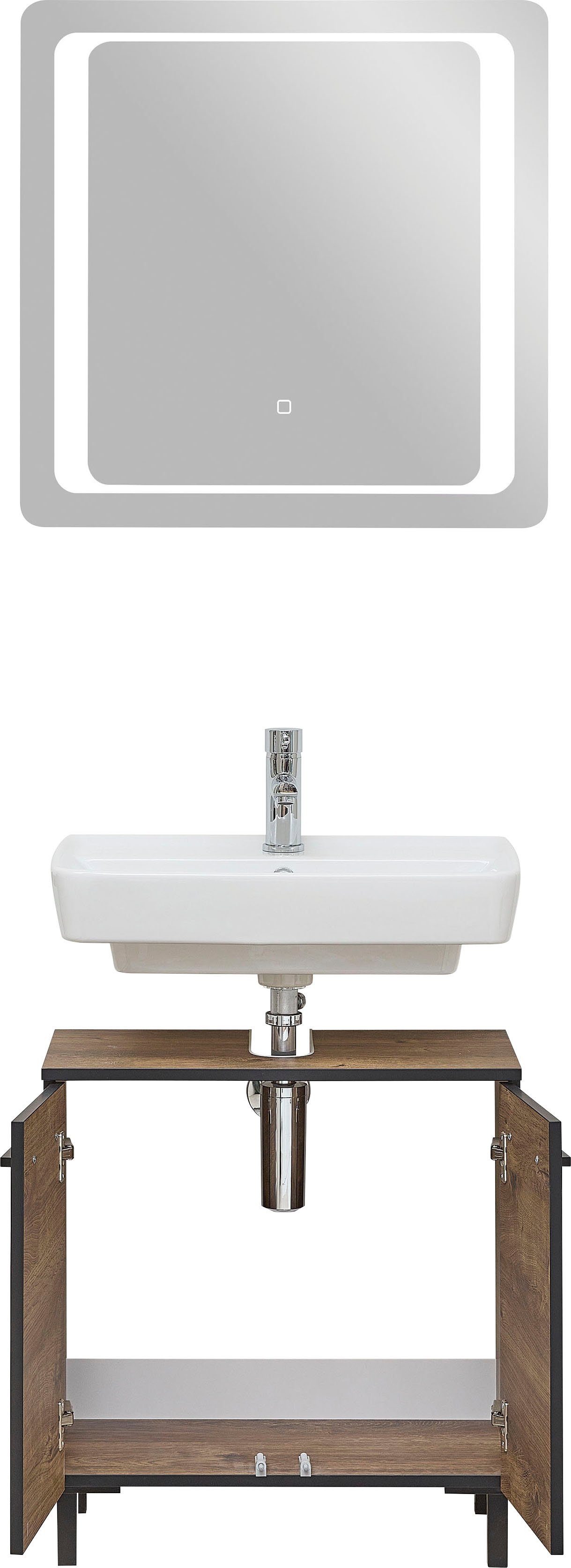 Saphir Badkamerserie Quickset wastafelonderkast met LED-spiegel Wastafel 60 cm breed, inclusief deurdemper, 2 deuren, badset (4-delig)